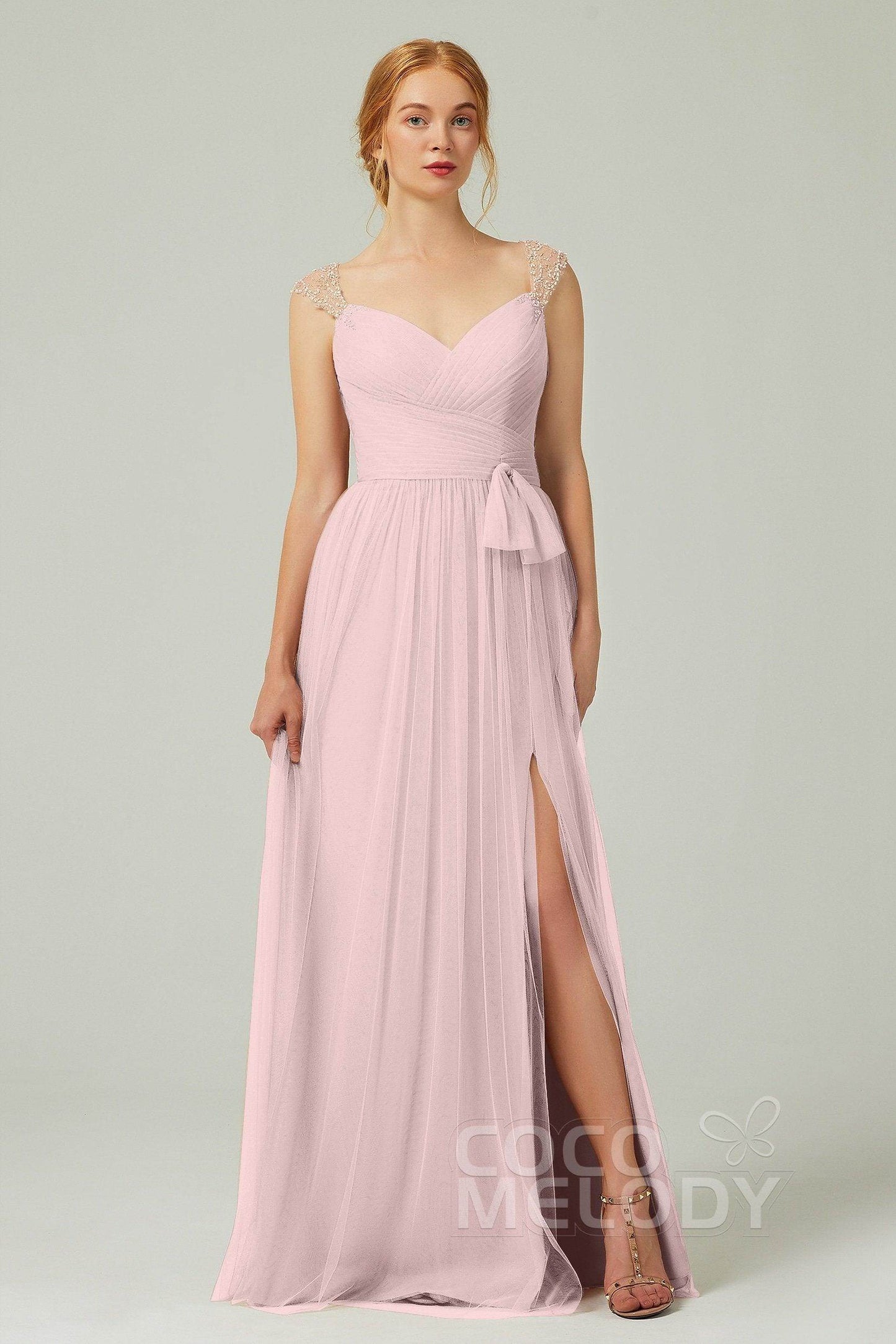 A-Line Floor Length Tulle Bridesmaid Dress CB0313PS - COCOMELODY
