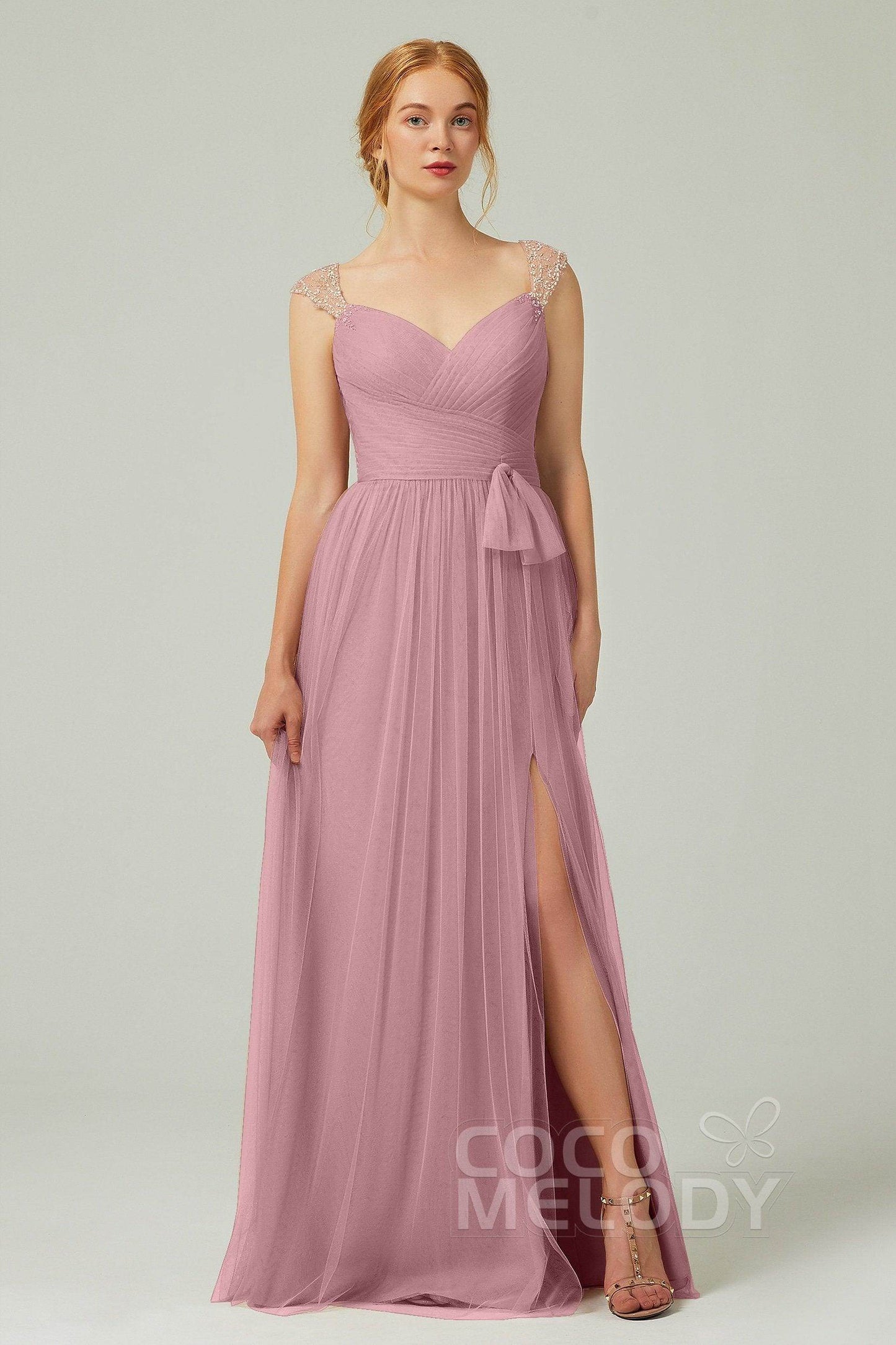 A-Line Floor Length Tulle Bridesmaid Dress CB0313PS - COCOMELODY