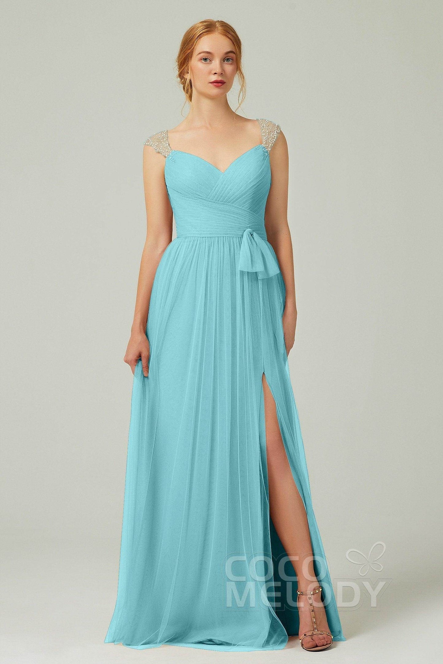 A-Line Floor Length Tulle Bridesmaid Dress CB0313PS - COCOMELODY