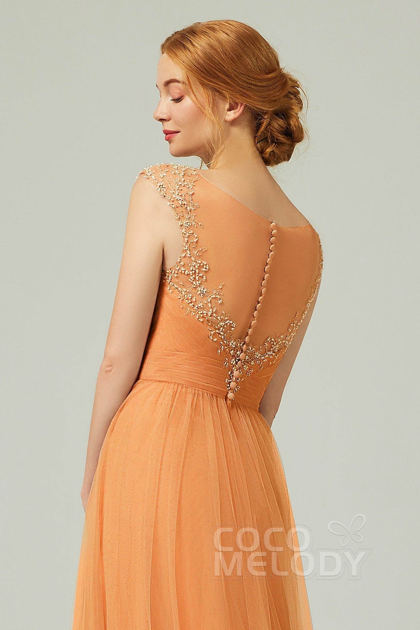 A-Line Floor Length Tulle Bridesmaid Dress CB0313PS - COCOMELODY