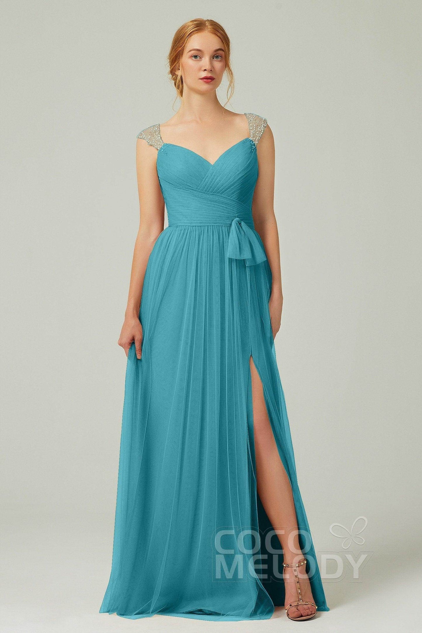 A-Line Floor Length Tulle Bridesmaid Dress CB0313PS - COCOMELODY