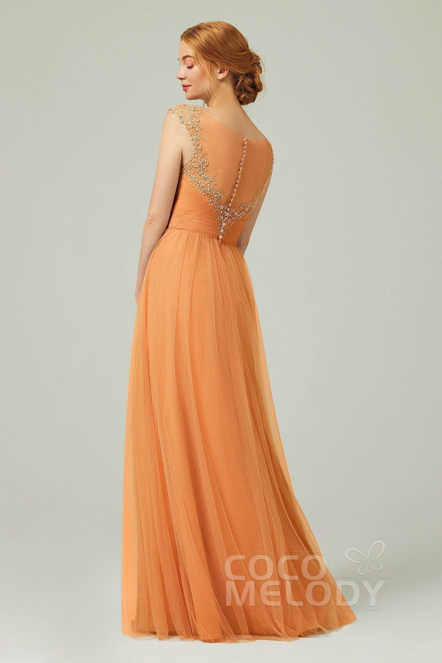 A-Line Floor Length Tulle Bridesmaid Dress CB0313PS - COCOMELODY