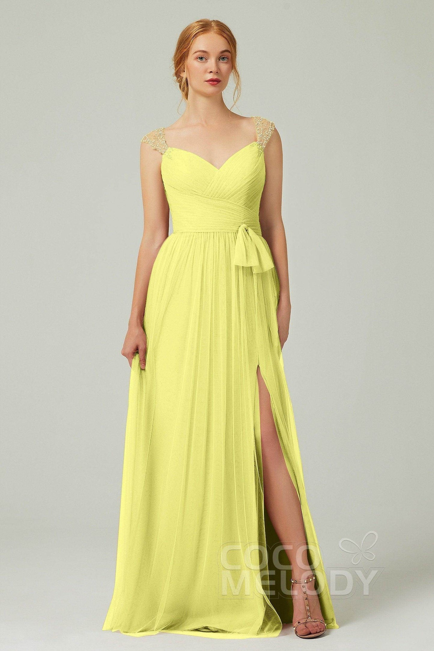 A-Line Floor Length Tulle Bridesmaid Dress CB0313PS - COCOMELODY