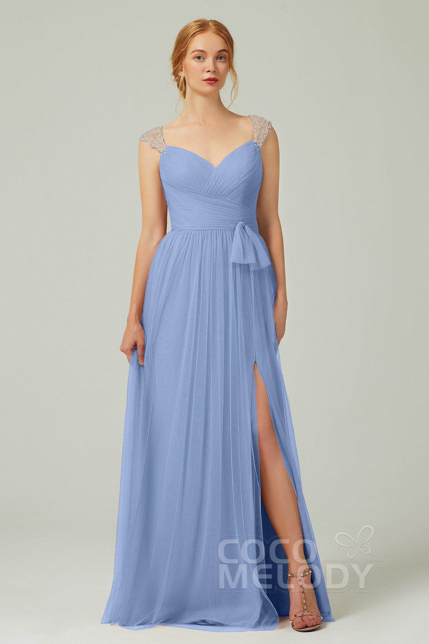 A-Line Floor Length Tulle Bridesmaid Dress CB0313PS - COCOMELODY