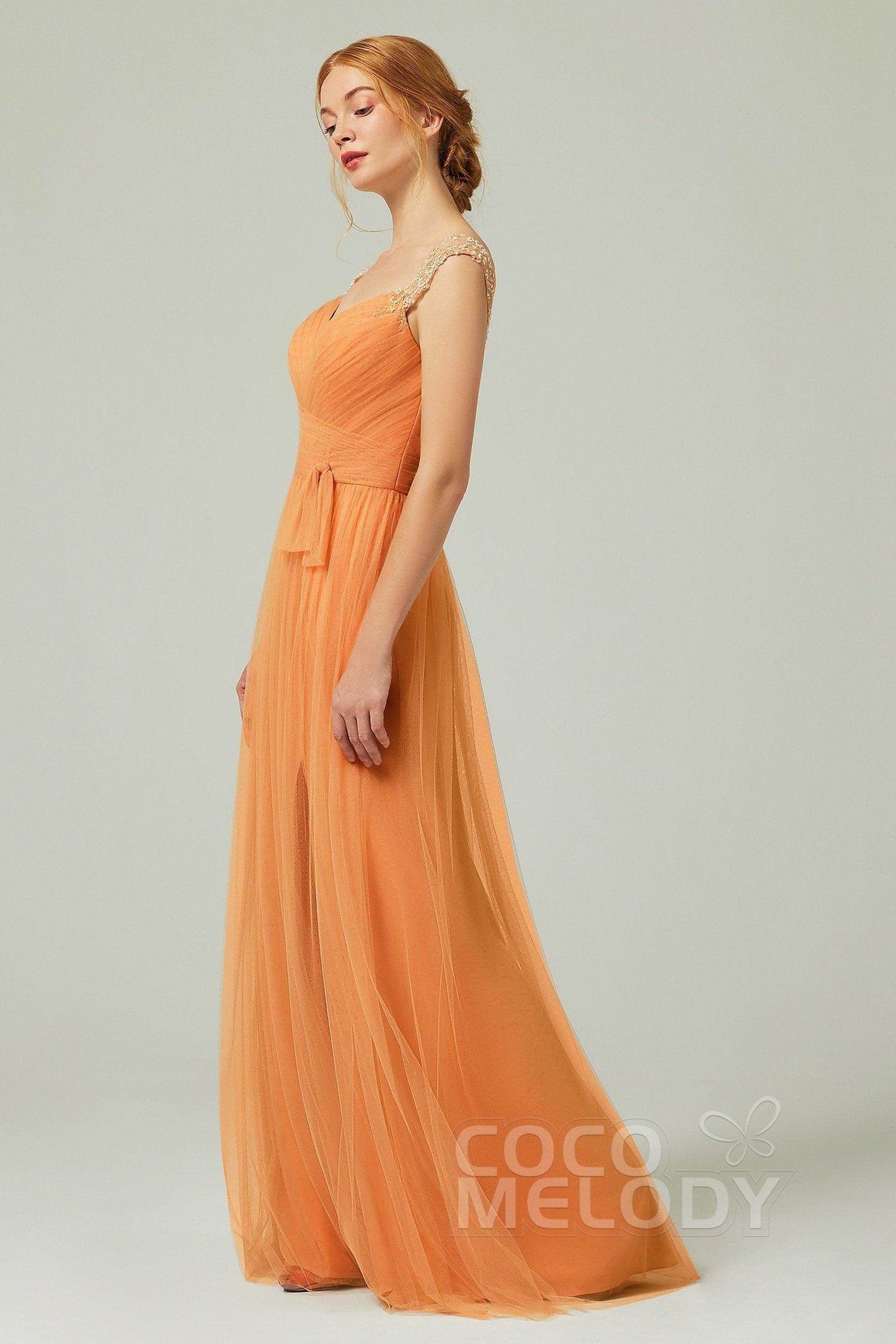 A-Line Floor Length Tulle Bridesmaid Dress CB0313PS - COCOMELODY