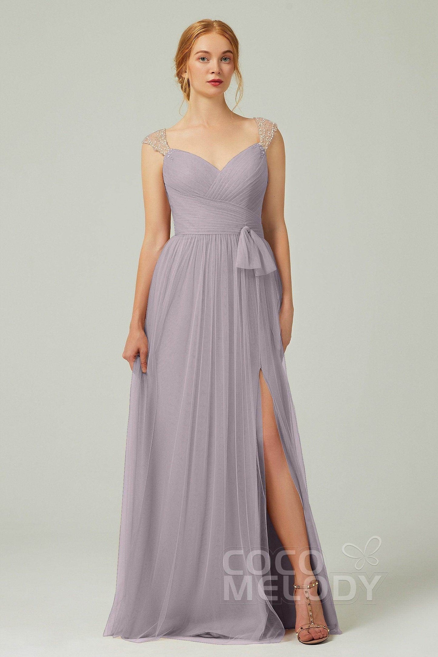 A-Line Floor Length Tulle Bridesmaid Dress CB0313PS - COCOMELODY