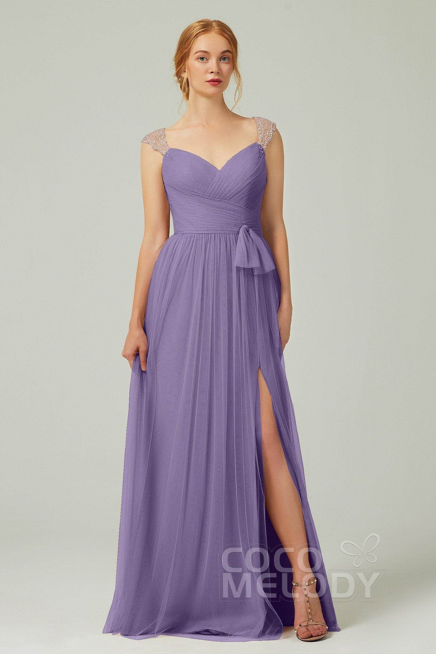 A-Line Floor Length Tulle Bridesmaid Dress CB0313PS - COCOMELODY