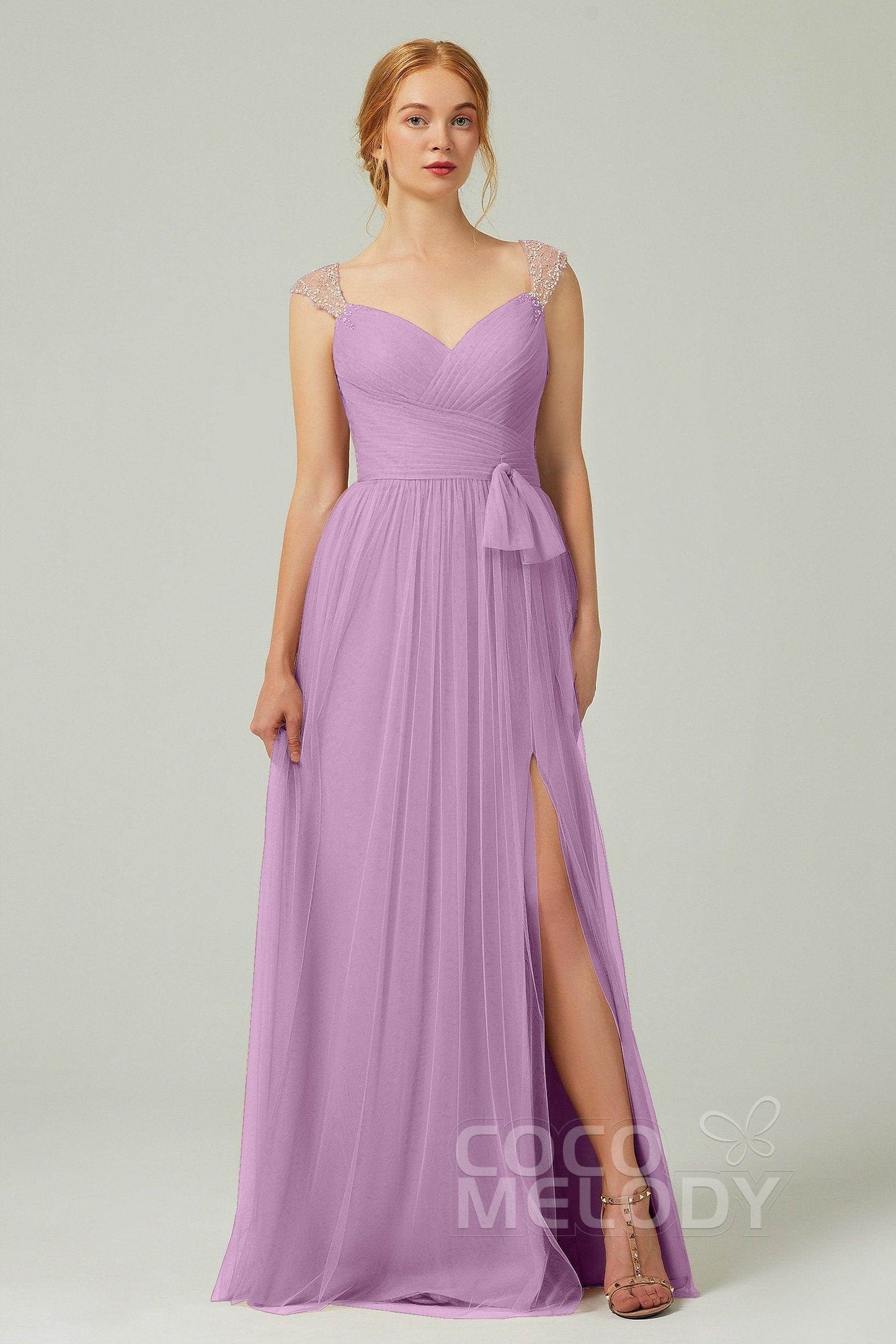 A-Line Floor Length Tulle Bridesmaid Dress CB0313PS - COCOMELODY