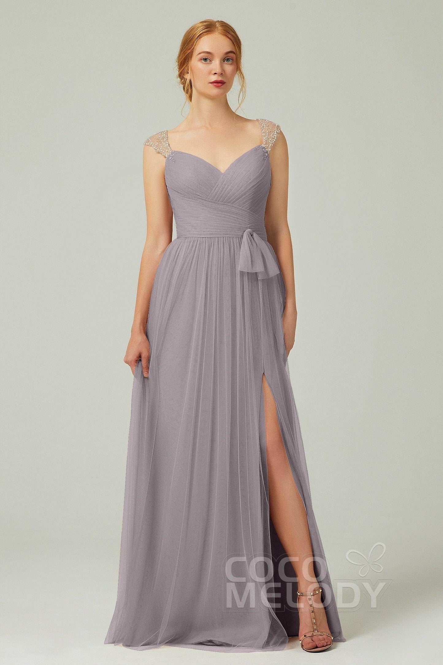A-Line Floor Length Tulle Bridesmaid Dress CB0313PS - COCOMELODY