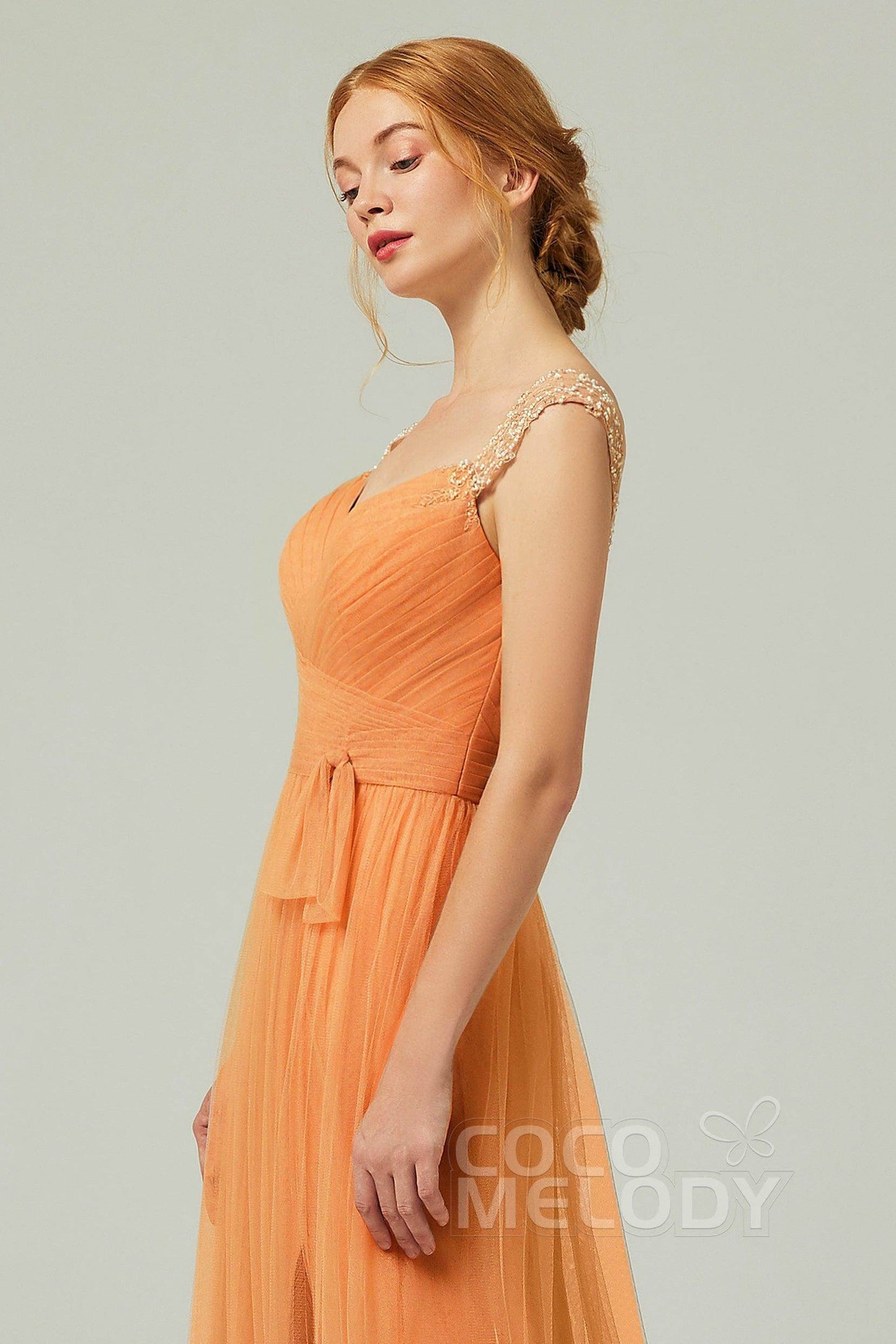 A-Line Floor Length Tulle Bridesmaid Dress CB0313PS - COCOMELODY