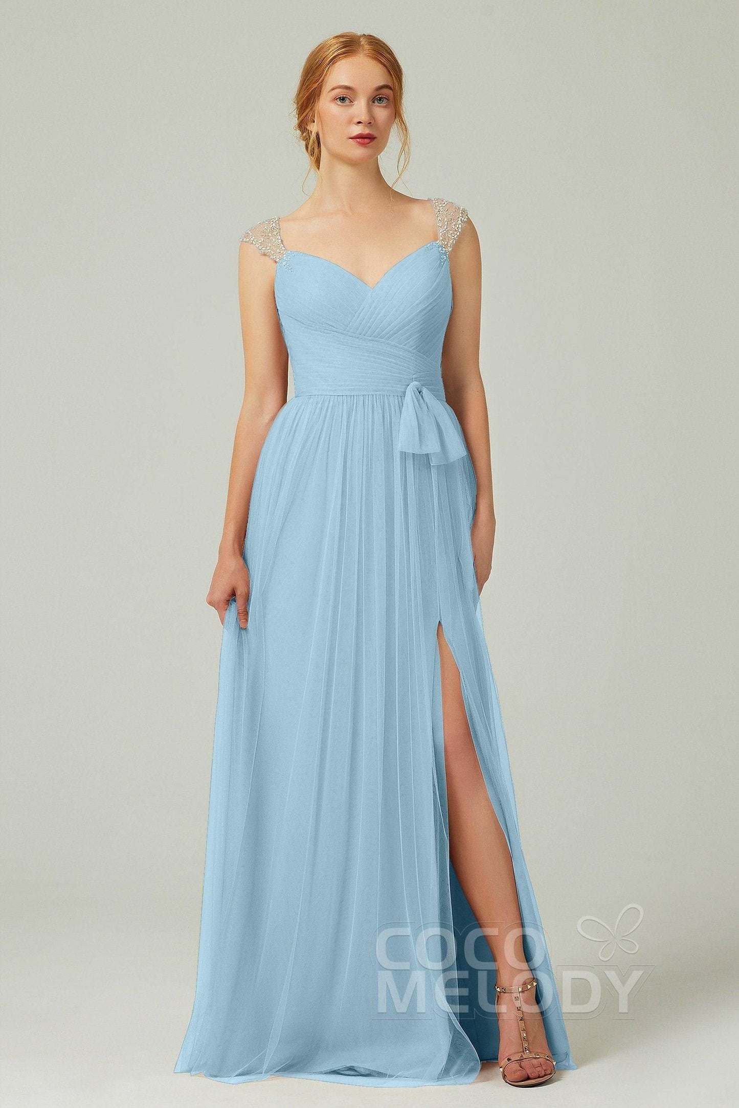 A-Line Floor Length Tulle Bridesmaid Dress CB0313PS - COCOMELODY