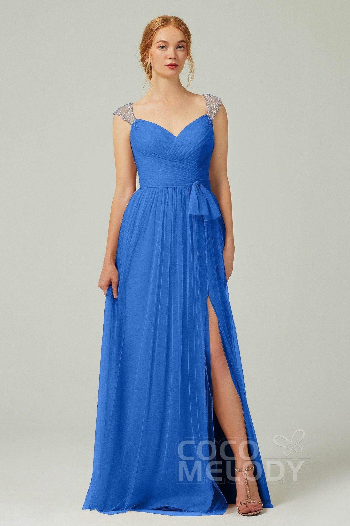 A-Line Floor Length Tulle Bridesmaid Dress CB0313PS - COCOMELODY