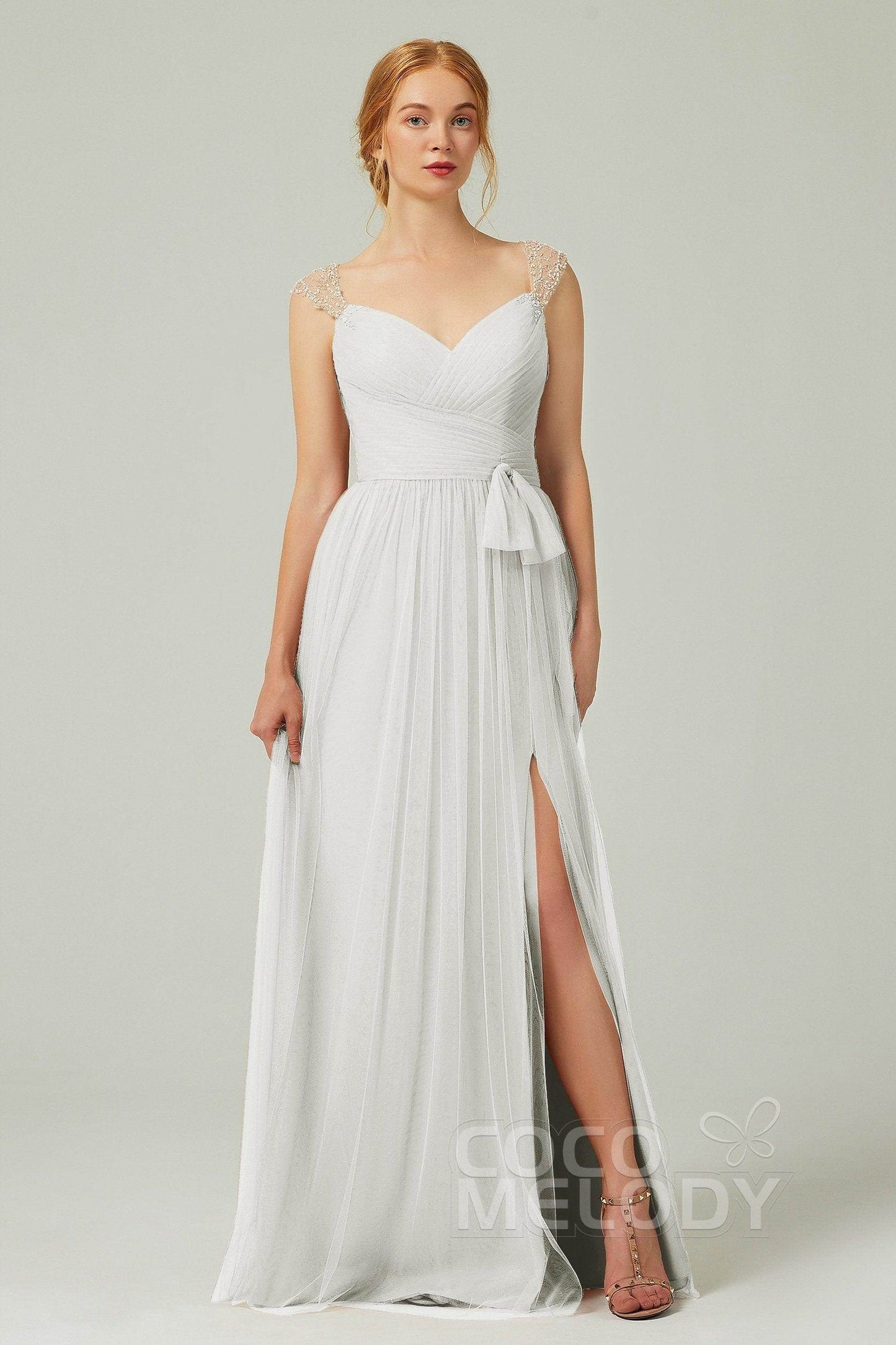 A-Line Floor Length Tulle Bridesmaid Dress CB0313PS - COCOMELODY