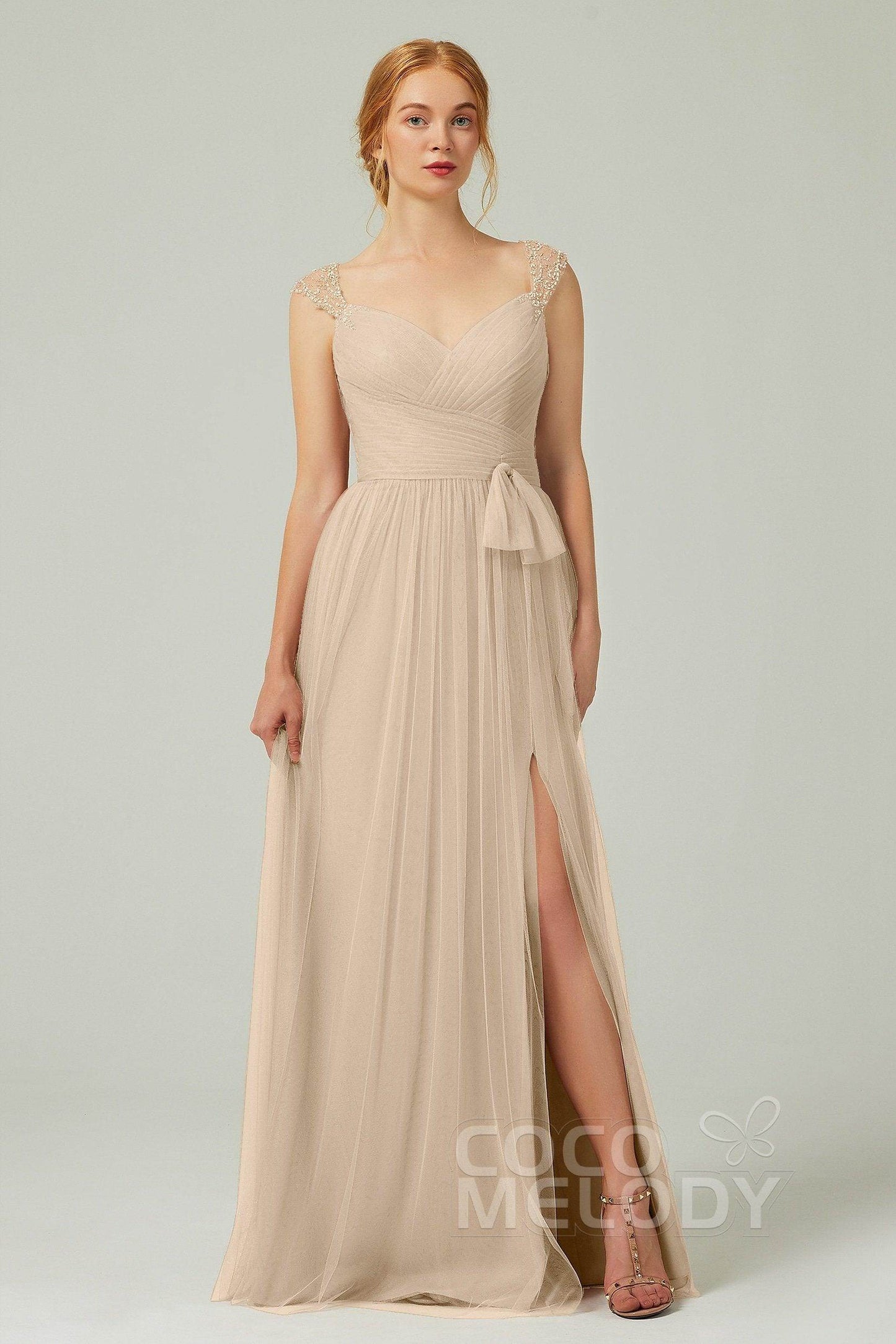 A-Line Floor Length Tulle Bridesmaid Dress CB0313PS - COCOMELODY