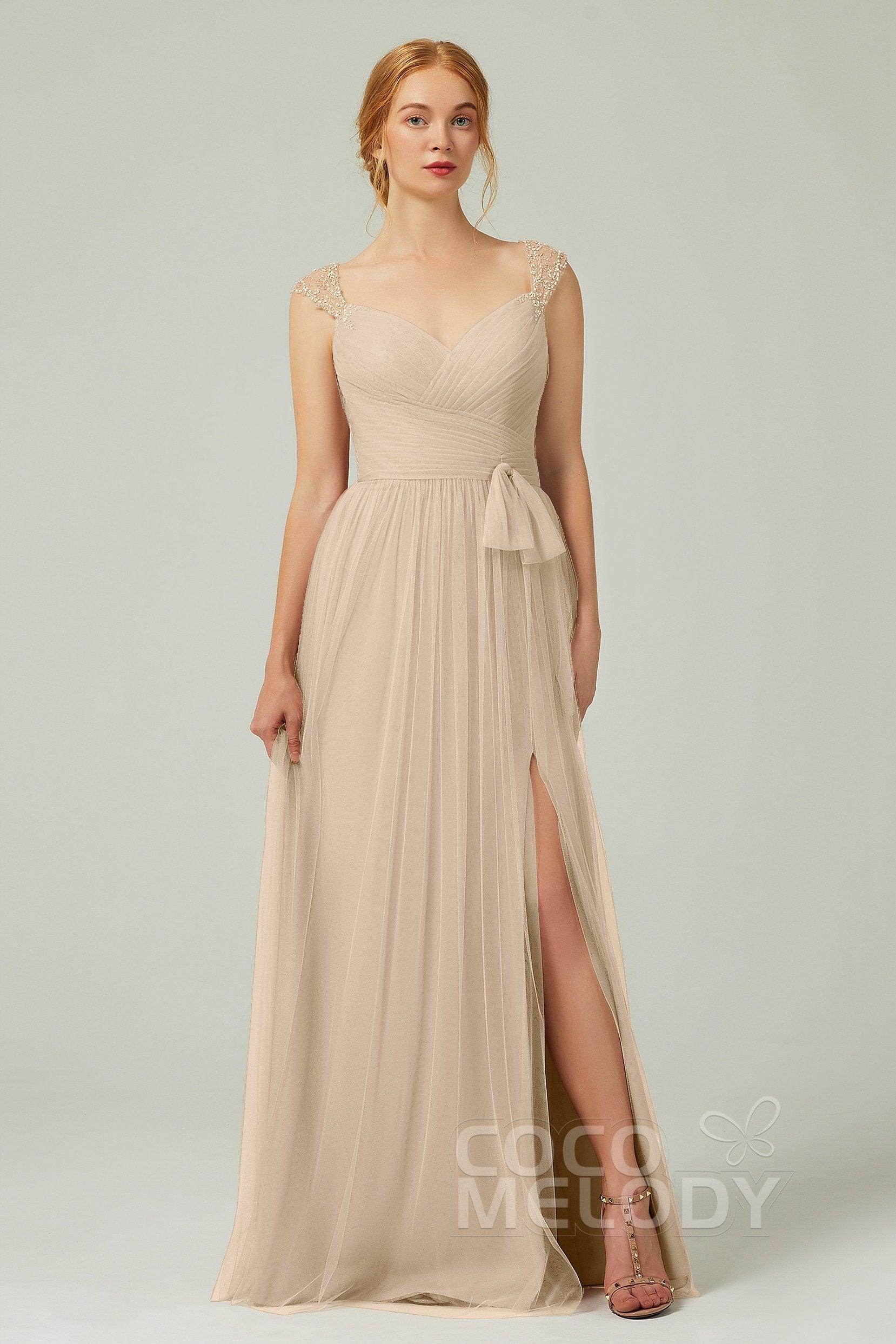 A-Line Floor Length Tulle Bridesmaid Dress CB0313PS - COCOMELODY