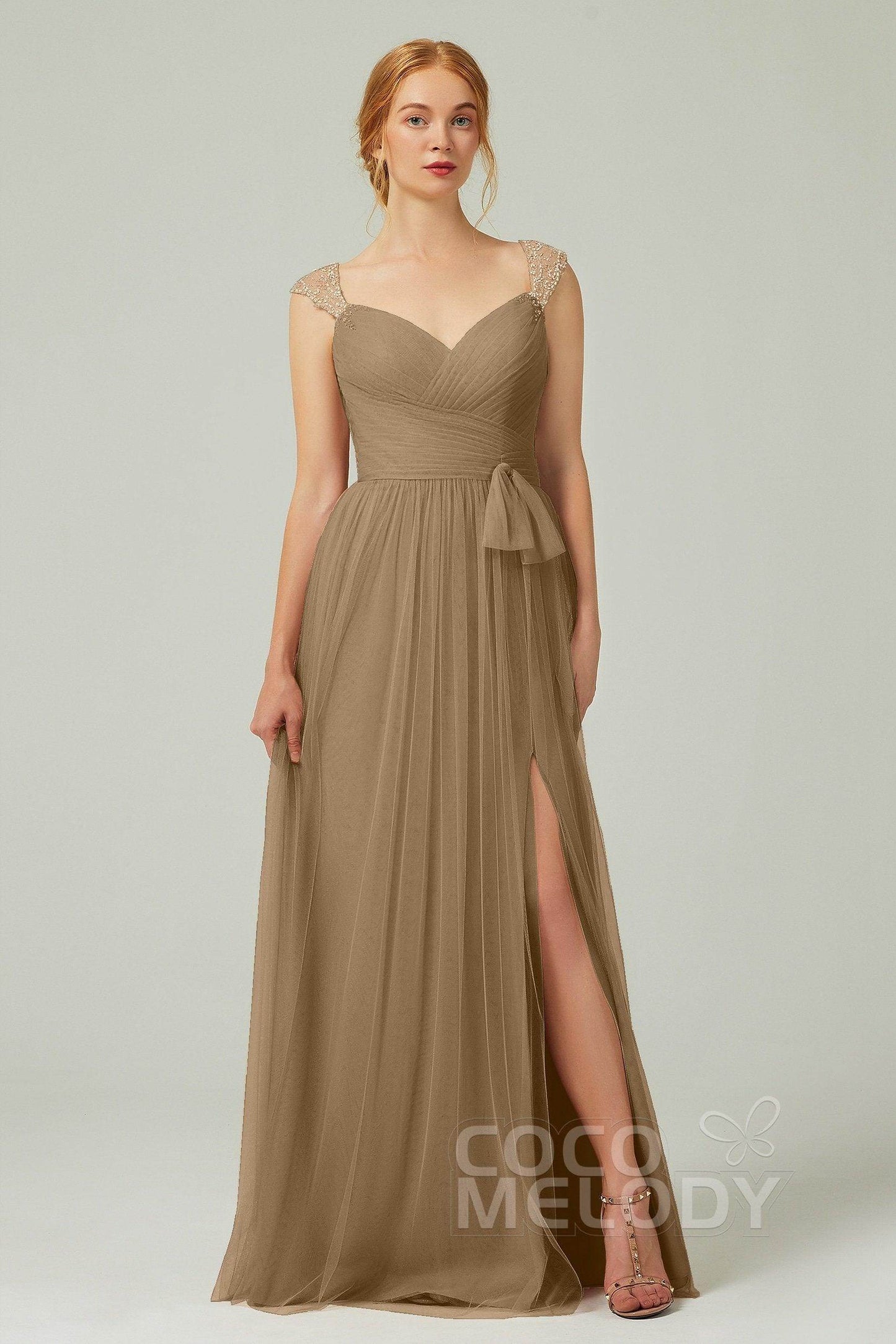 A-Line Floor Length Tulle Bridesmaid Dress CB0313PS - COCOMELODY