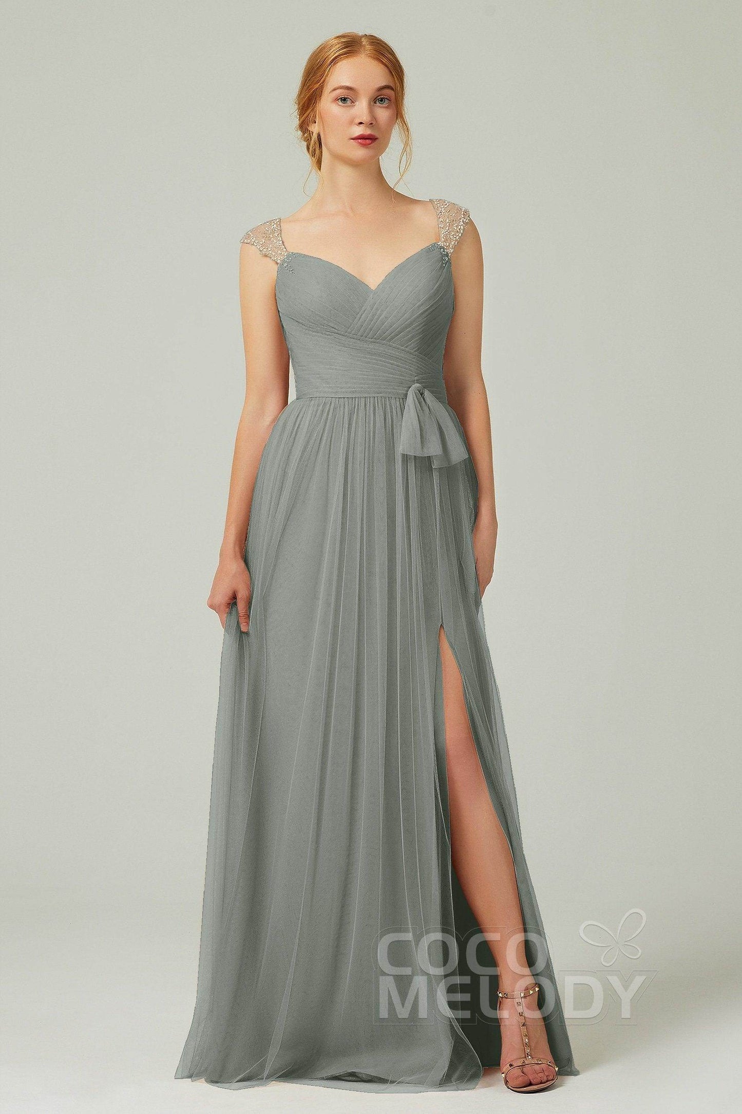 A-Line Floor Length Tulle Bridesmaid Dress CB0313PS - COCOMELODY