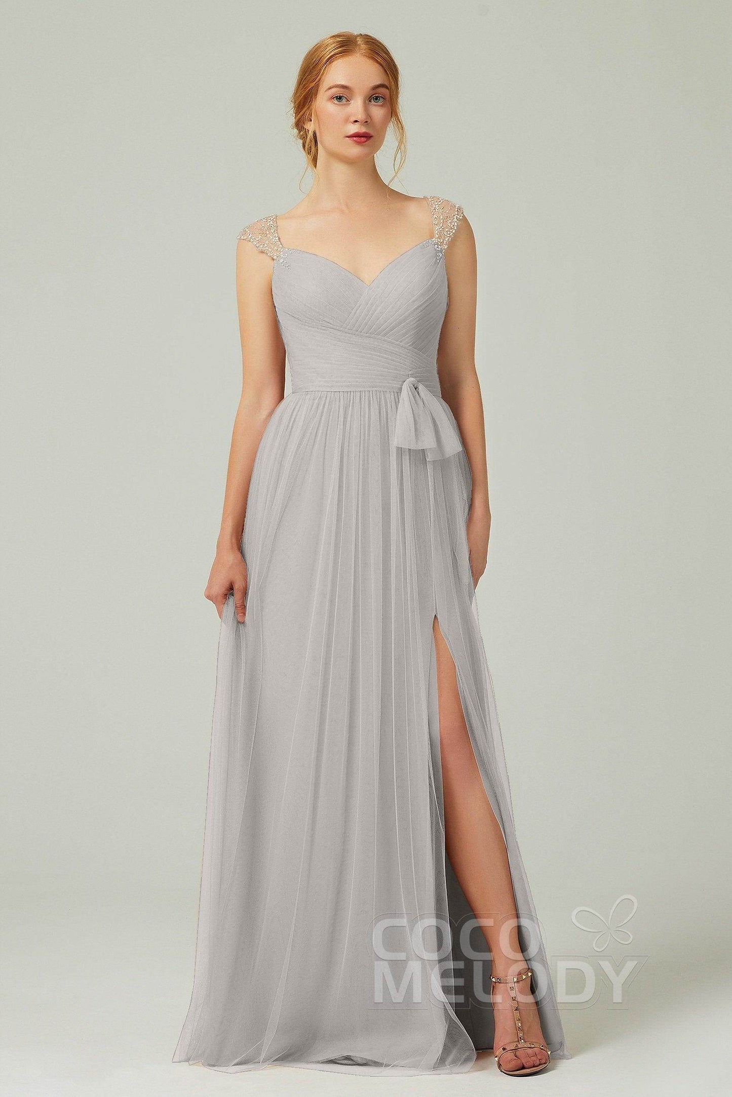 A-Line Floor Length Tulle Bridesmaid Dress CB0313PS - COCOMELODY