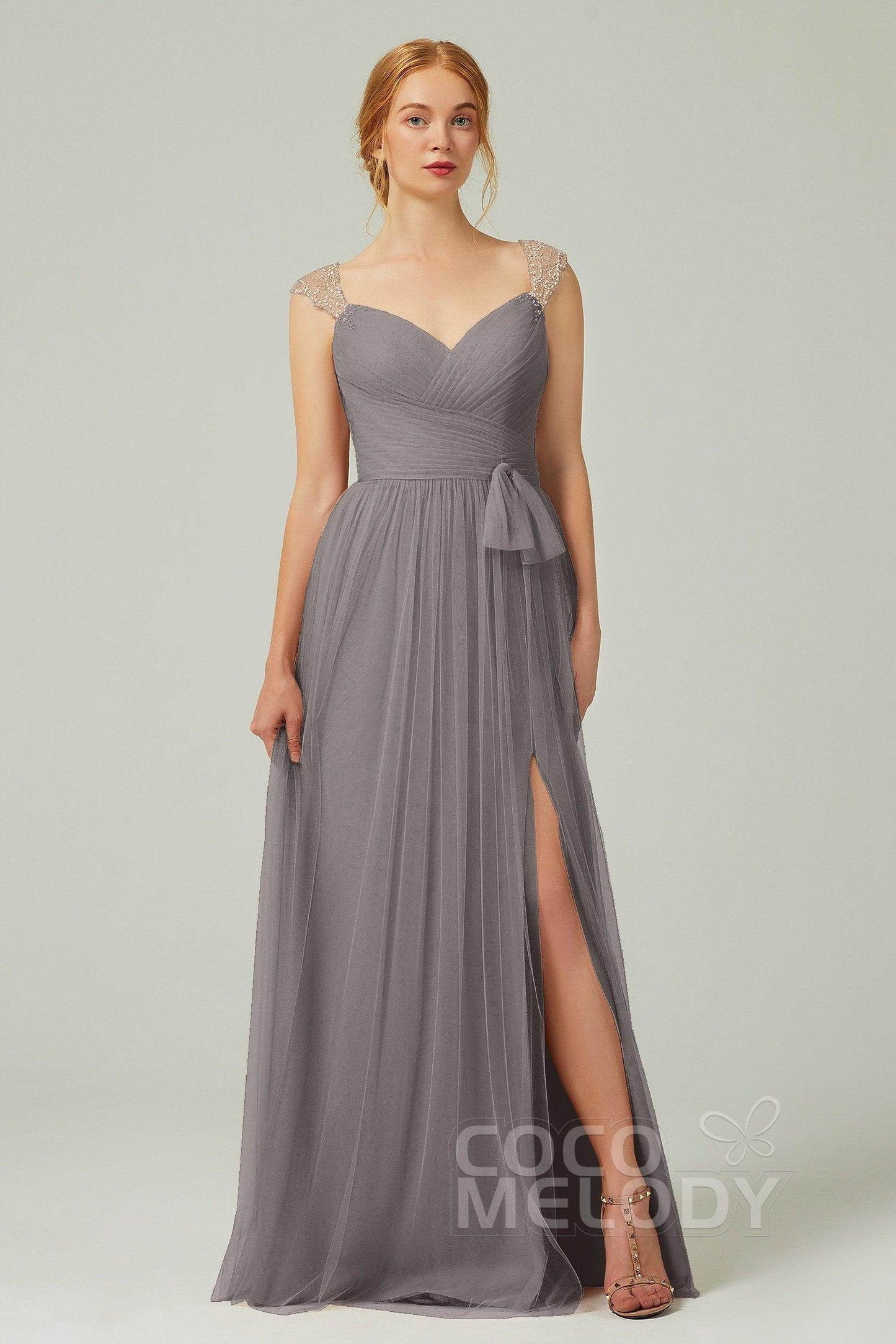 A-Line Floor Length Tulle Bridesmaid Dress CB0313PS - COCOMELODY