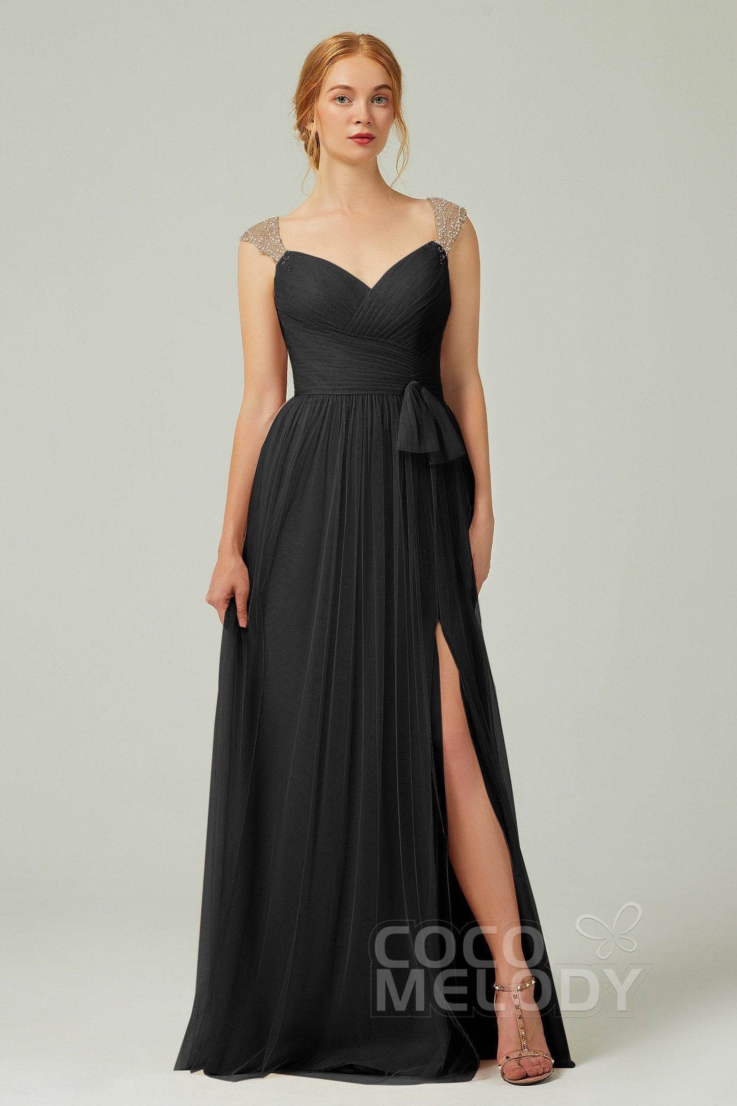 A-Line Floor Length Tulle Bridesmaid Dress CB0313PS - COCOMELODY