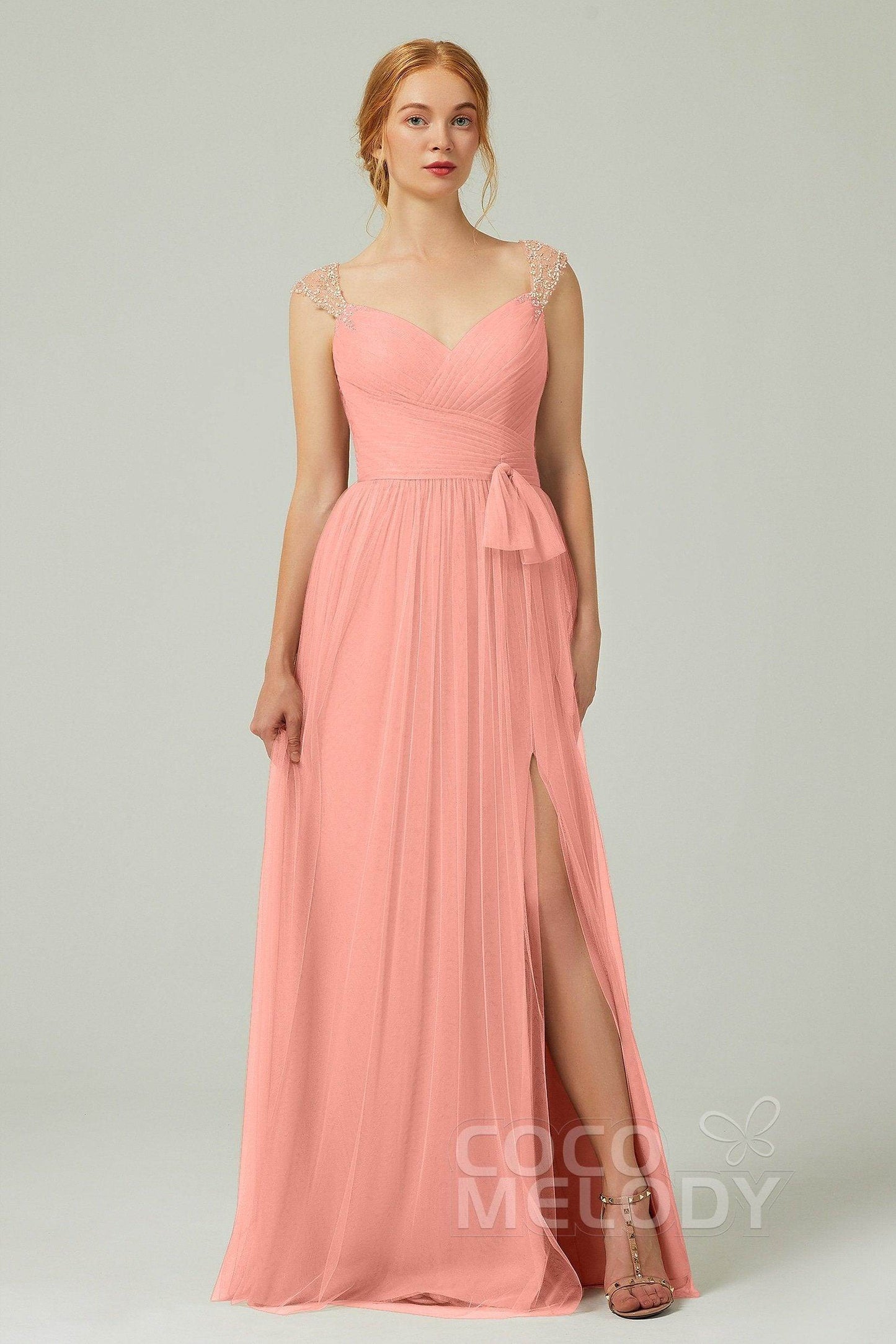 A-Line Floor Length Tulle Bridesmaid Dress CB0313PS - COCOMELODY