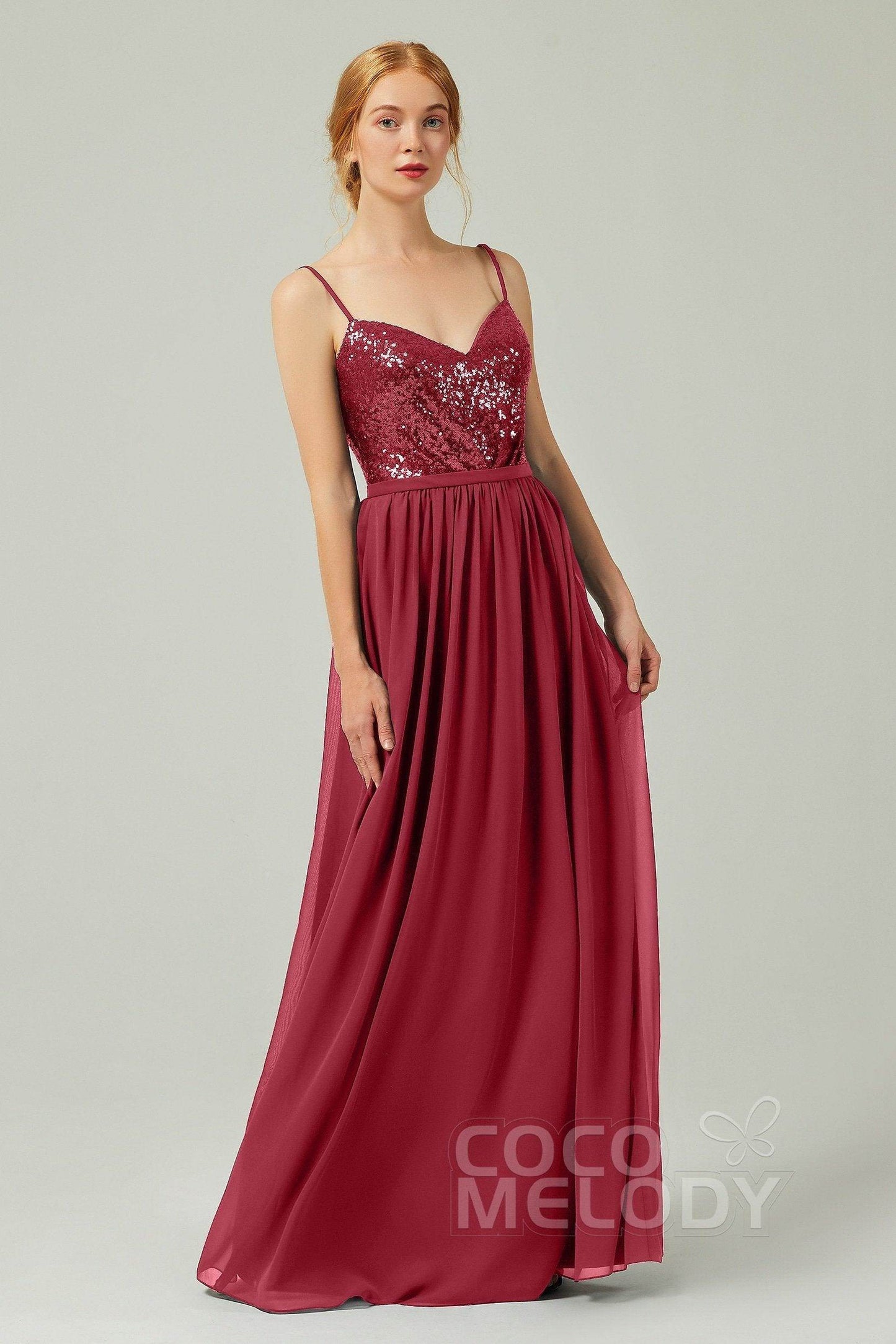 A-Line Floor Length Chiffon Sequined Bridesmaid Dress Formal Dresses CB0333 - COCOMELODY