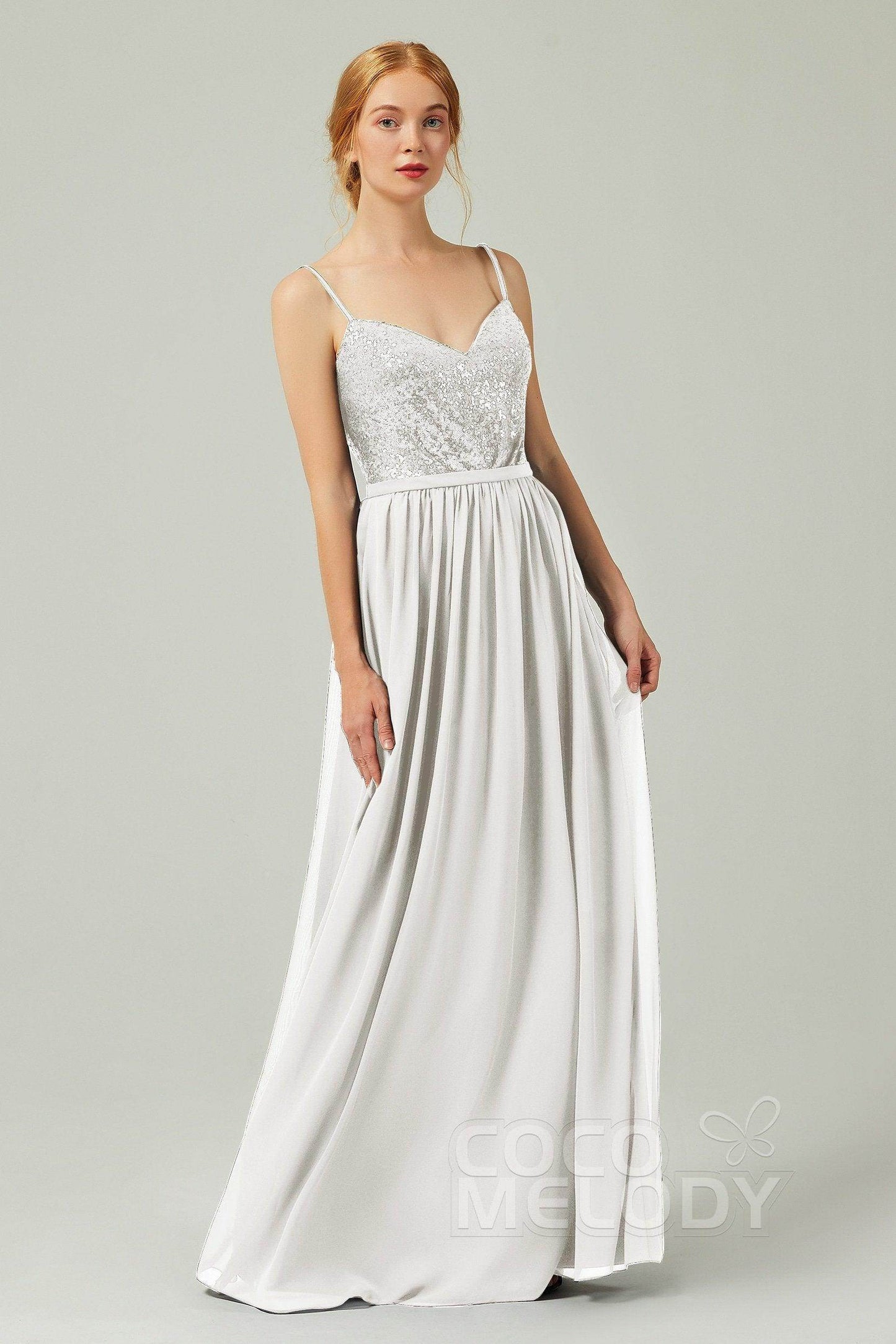 A-Line Floor Length Chiffon Sequined Bridesmaid Dress Formal Dresses CB0333 - COCOMELODY