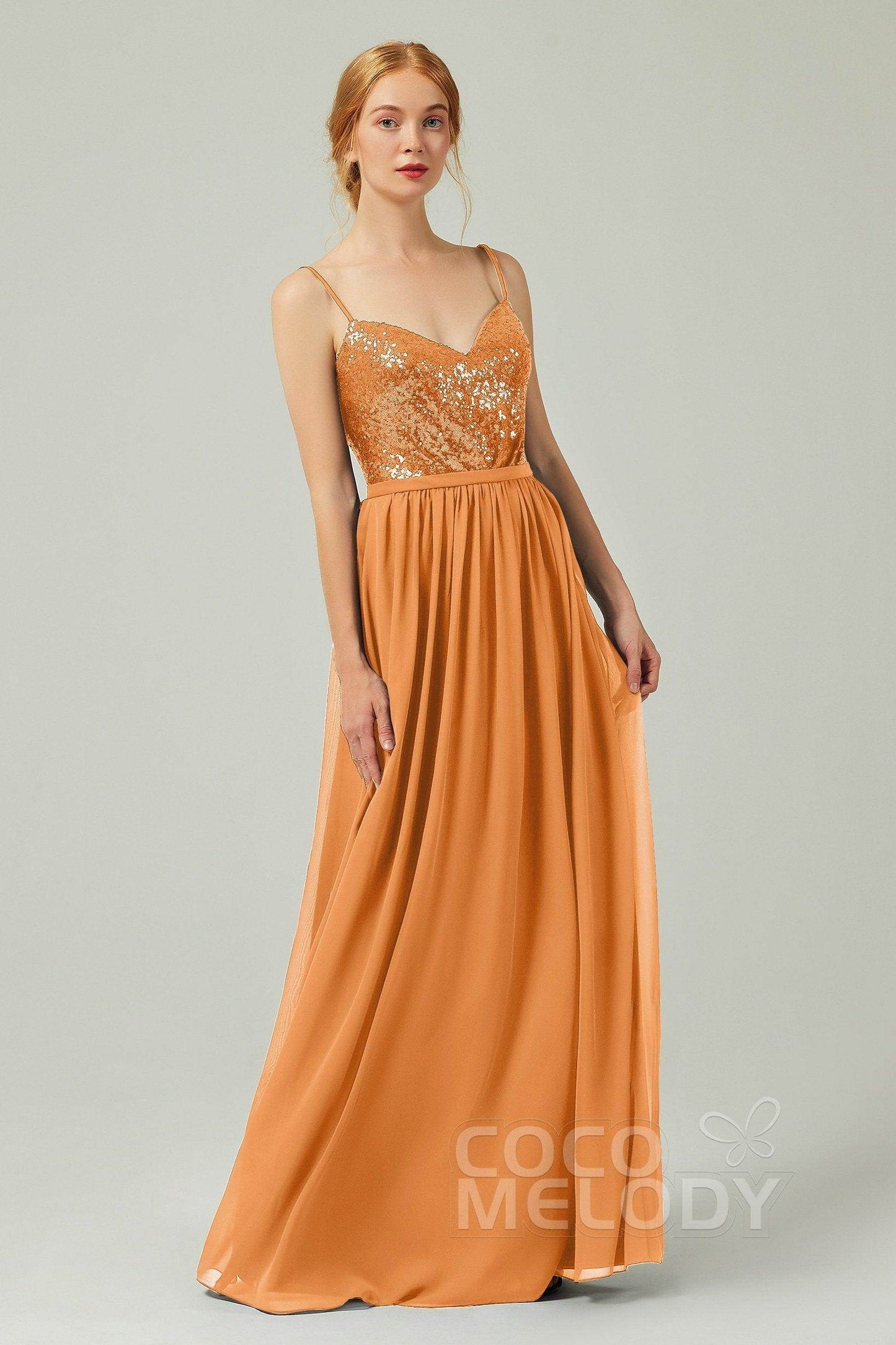 A-Line Floor Length Chiffon Sequined Bridesmaid Dress Formal Dresses CB0333 - COCOMELODY