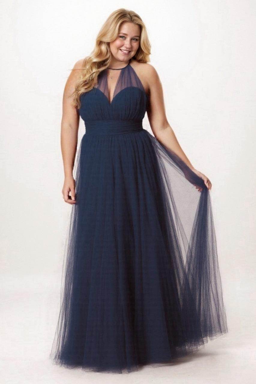 Halter Tulle Sleeveless Plus Size Bridesmaid Dress with Pleats COCOMELODYCB0334PS, Ice Blue Halter Tulle Sleeveless Plus Size Bridesmaid Dress with Pleats COCOMELODYCB0334PS, Ice Blue