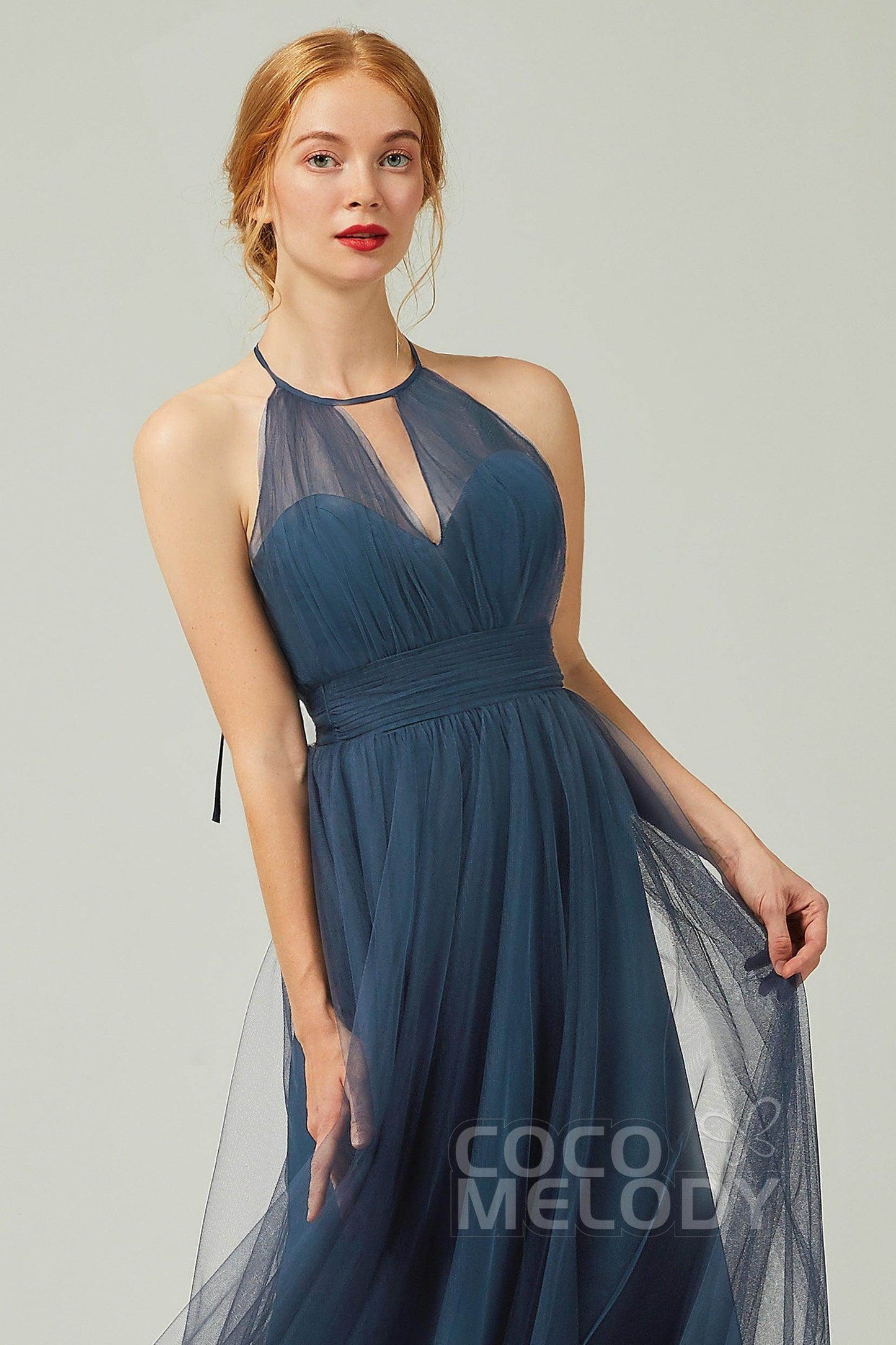 A-Line Floor Length Tulle Bridesmaid Dress CB0334PS - COCOMELODY