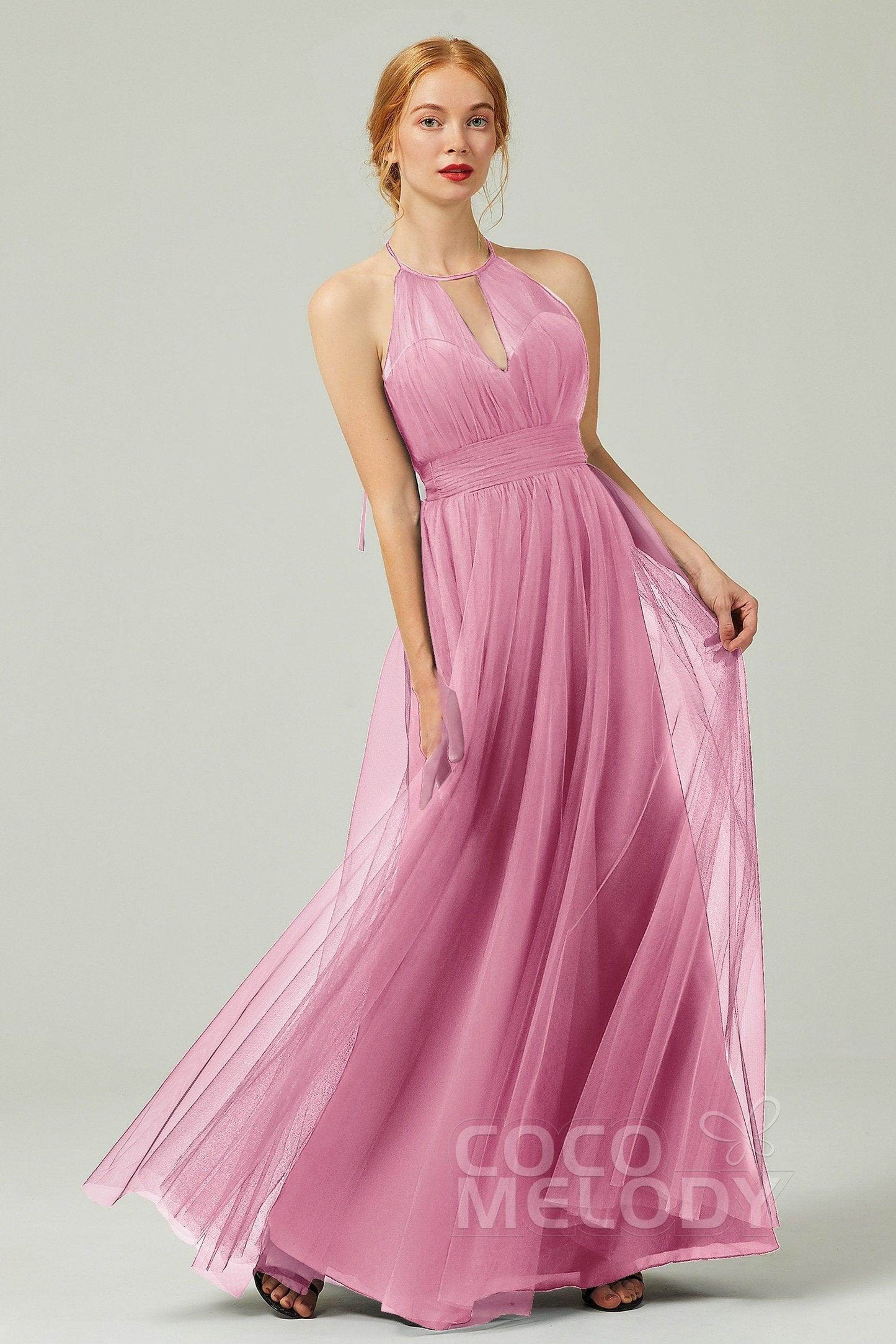 A-Line Floor Length Tulle Bridesmaid Dress CB0334PS - COCOMELODY