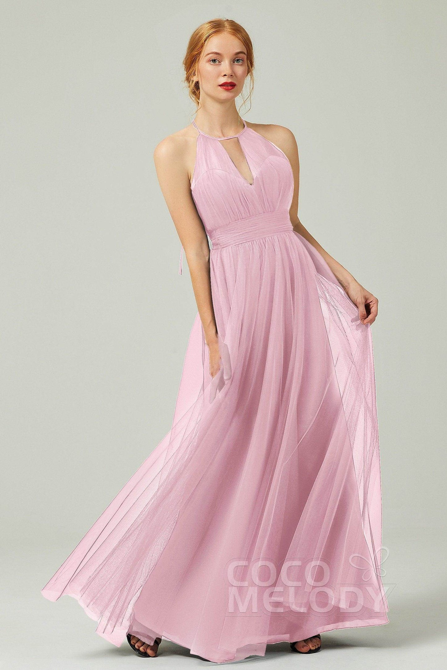 A-Line Floor Length Tulle Bridesmaid Dress CB0334PS - COCOMELODY