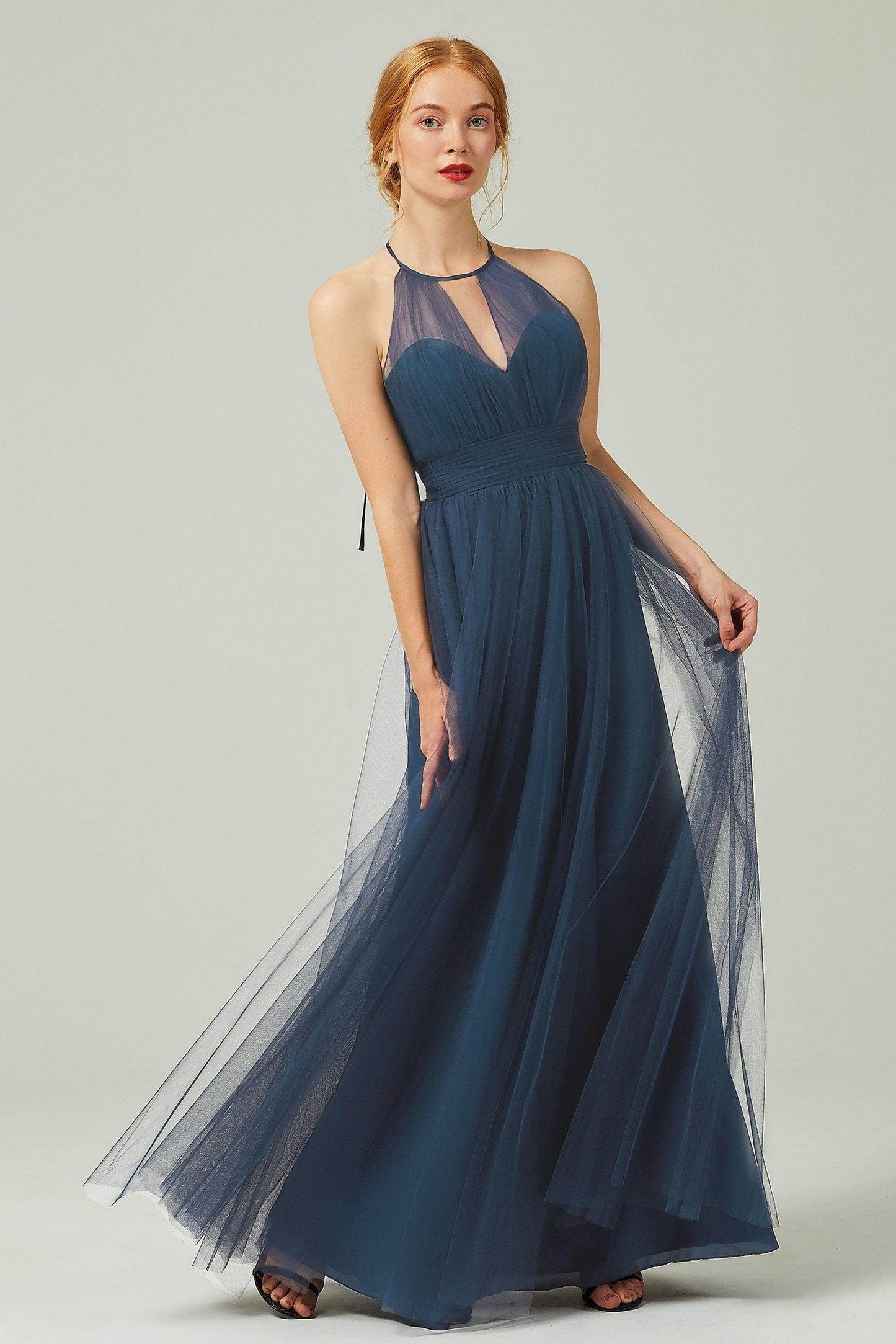 A-Line Floor Length Tulle Bridesmaid Dress CB0334PS - COCOMELODY