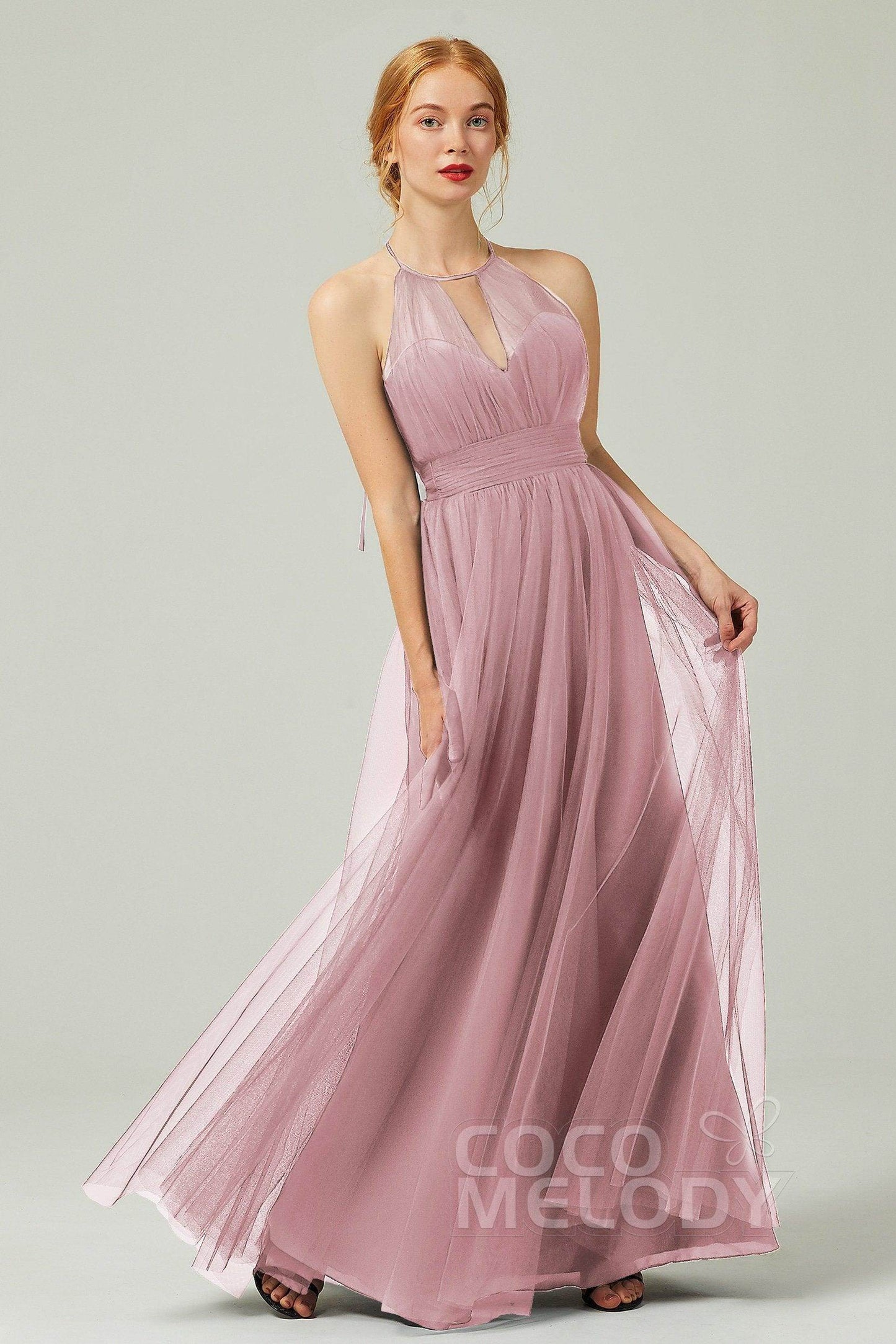 A-Line Floor Length Tulle Bridesmaid Dress CB0334PS - COCOMELODY