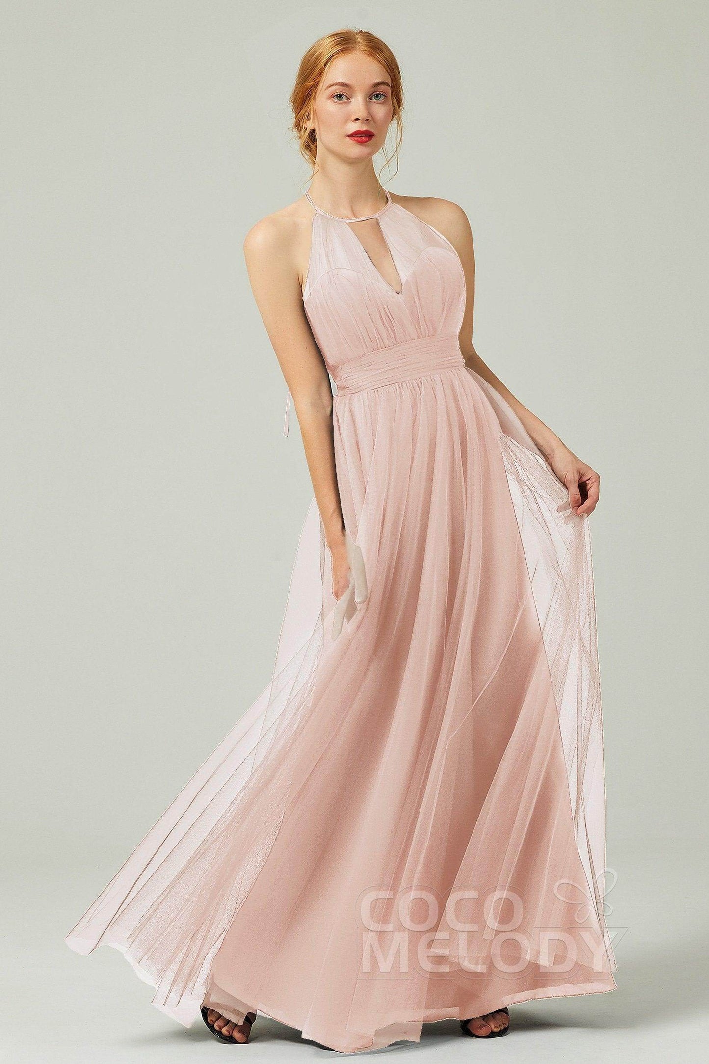A-Line Floor Length Tulle Bridesmaid Dress CB0334PS - COCOMELODY
