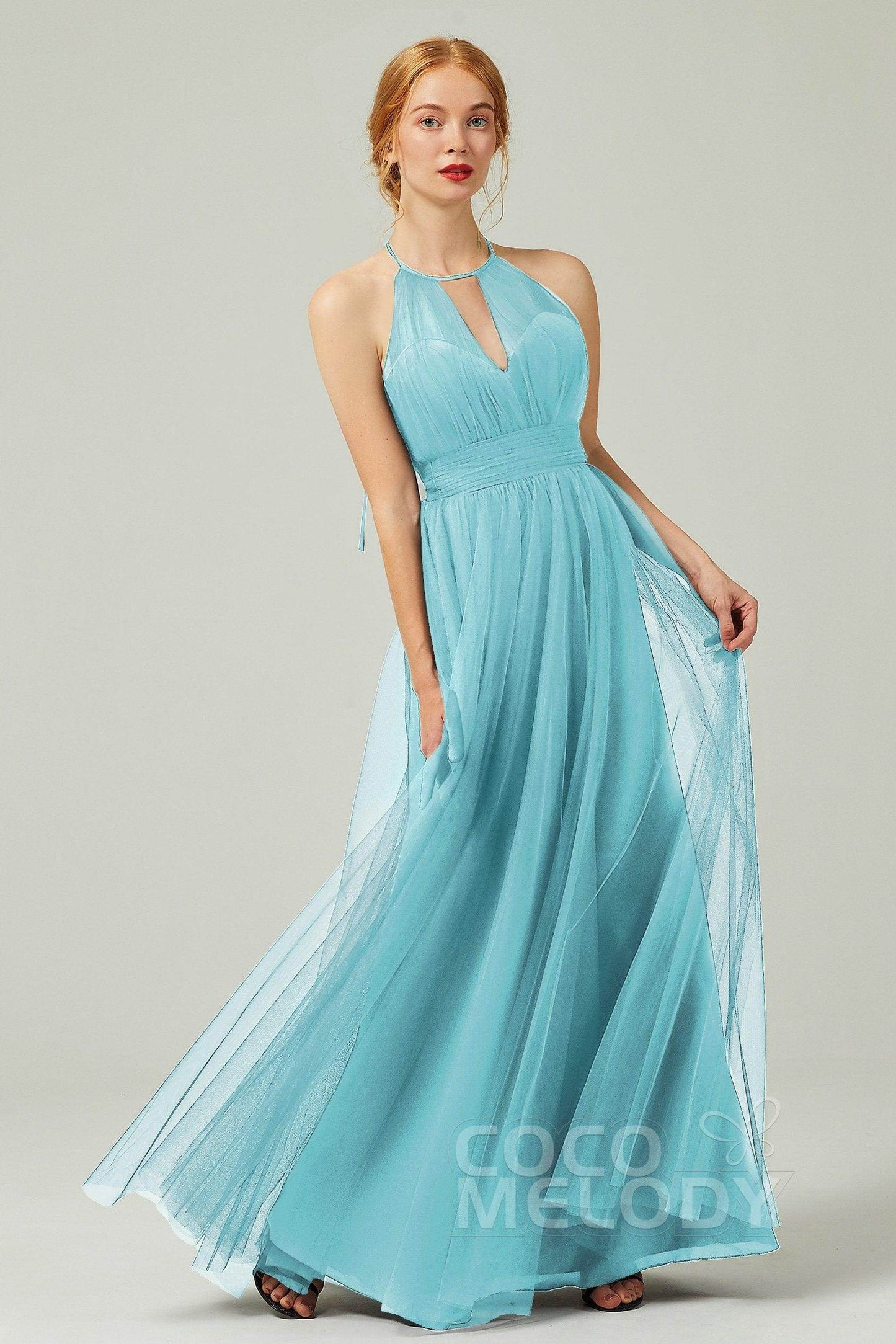 A-Line Floor Length Tulle Bridesmaid Dress CB0334PS - COCOMELODY