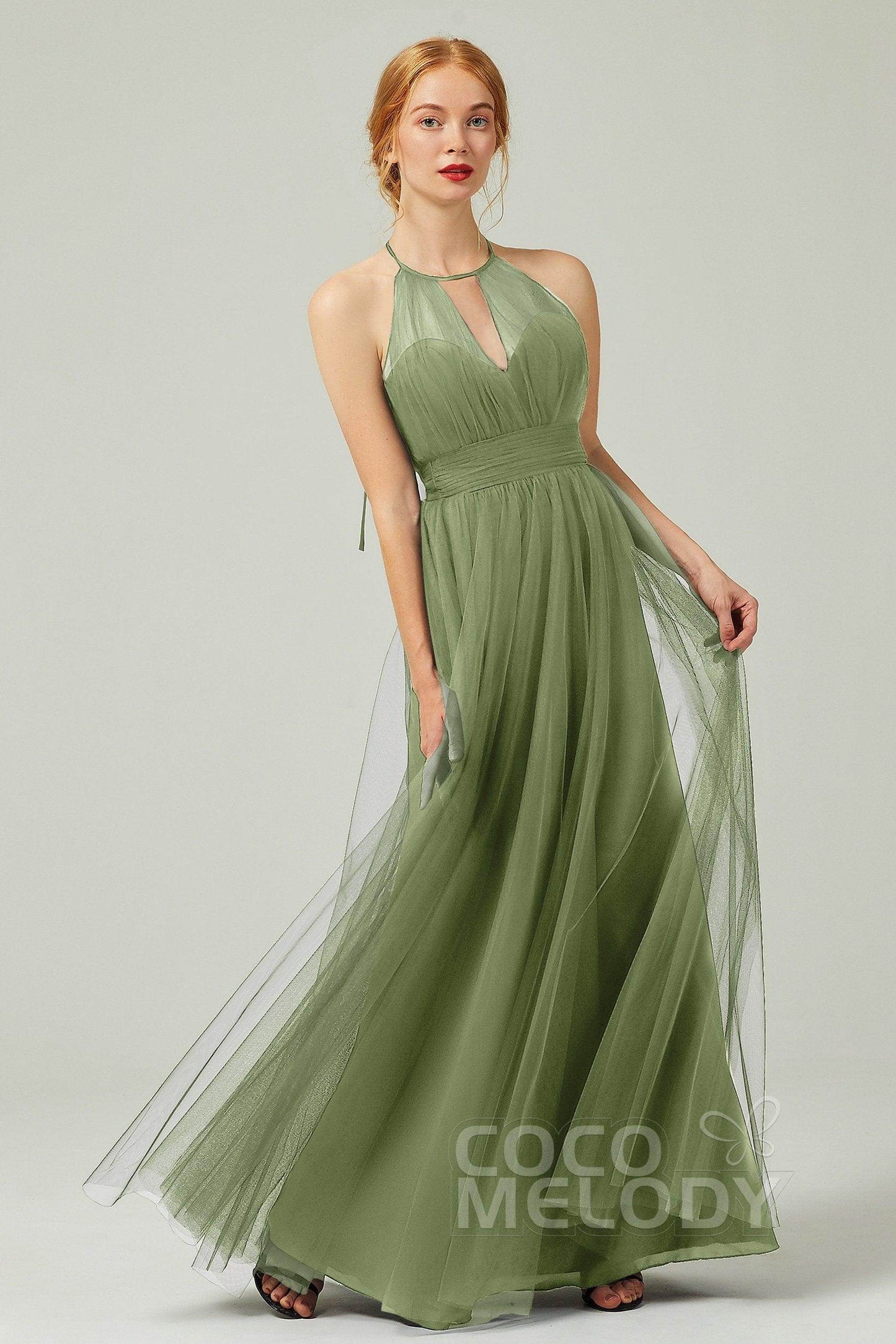 A-Line Floor Length Tulle Bridesmaid Dress CB0334PS - COCOMELODY