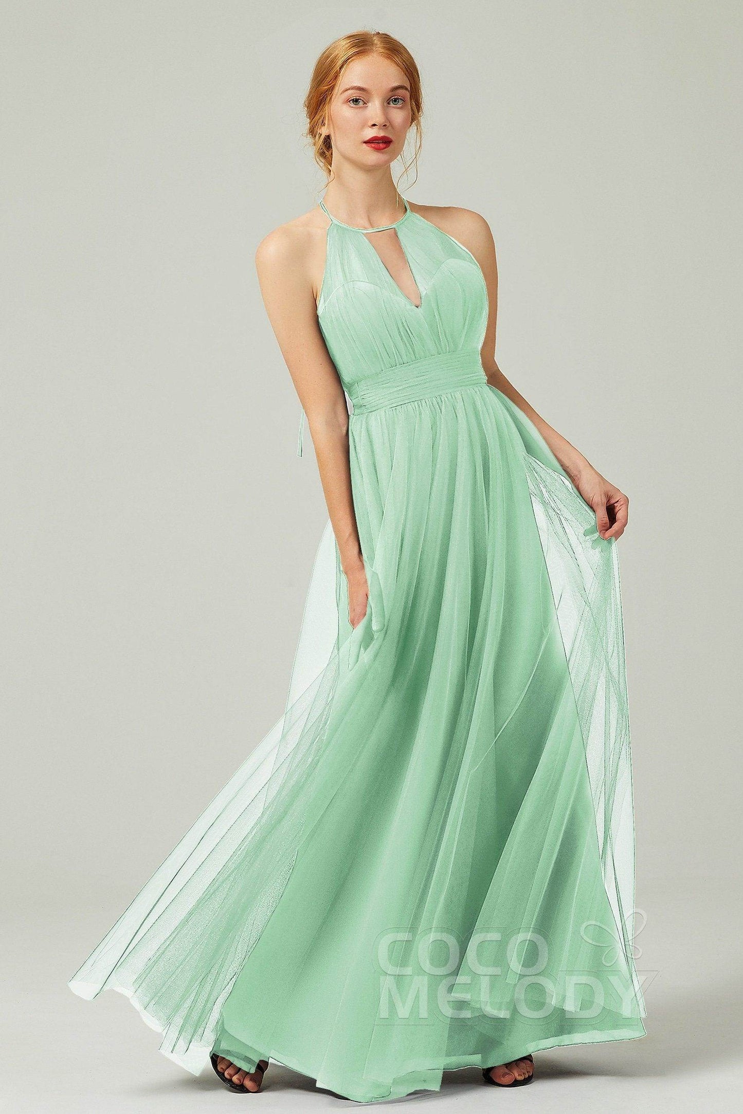 A-Line Floor Length Tulle Bridesmaid Dress CB0334PS - COCOMELODY