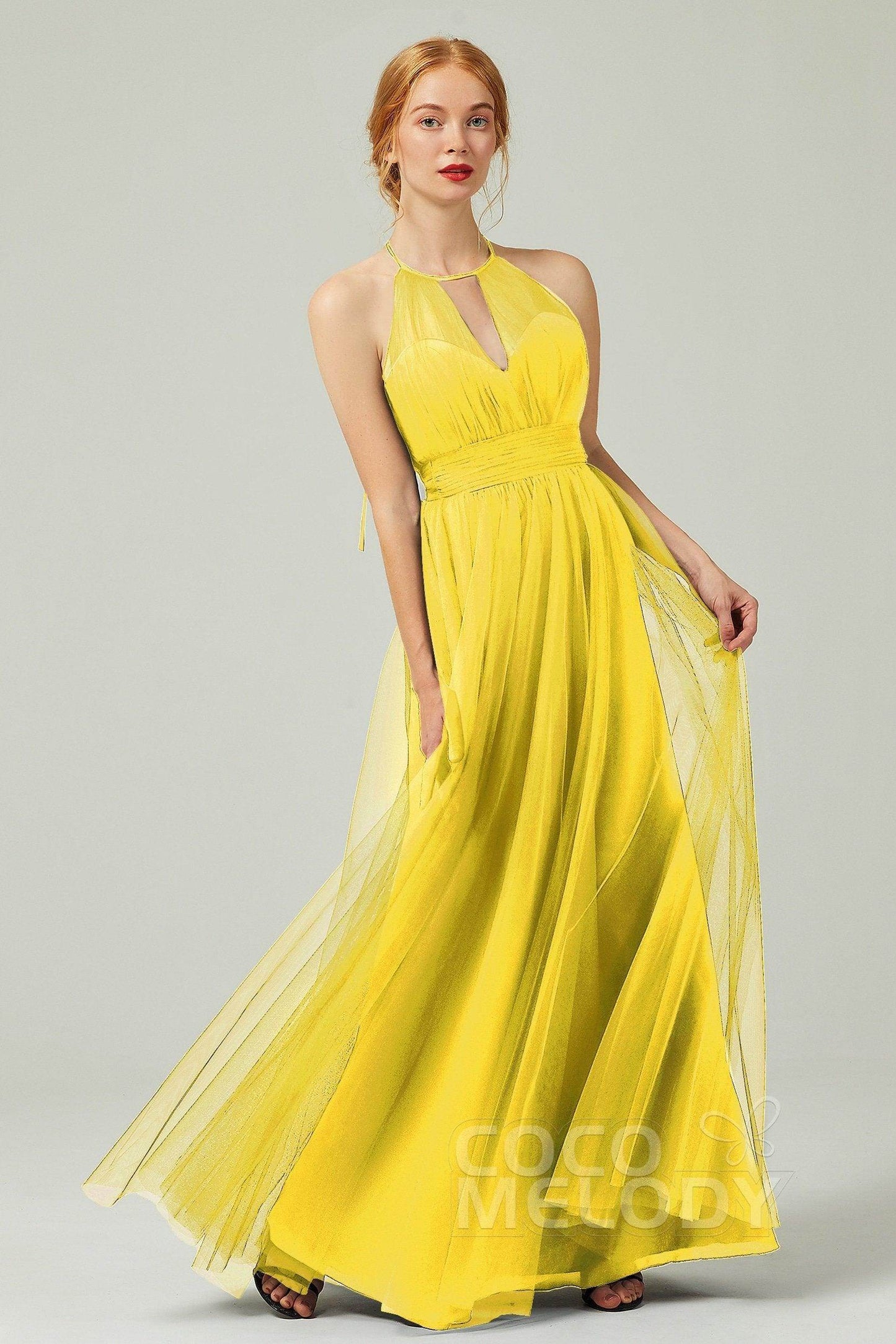 A-Line Floor Length Tulle Bridesmaid Dress CB0334PS - COCOMELODY