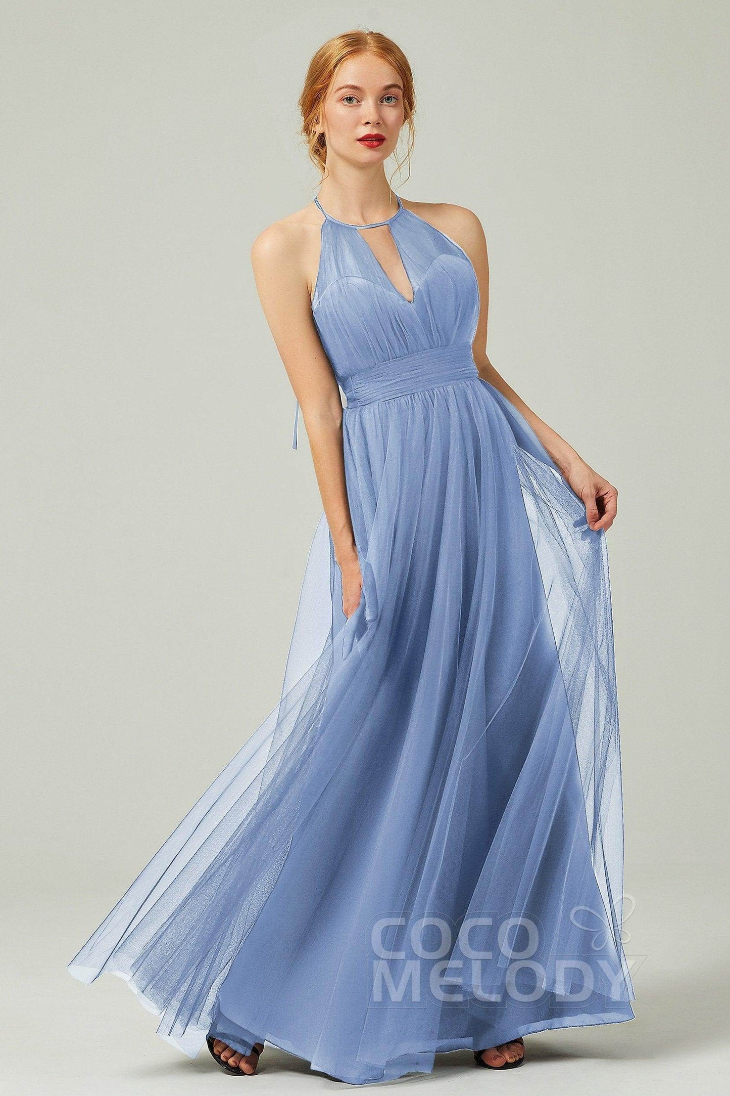 A-Line Floor Length Tulle Bridesmaid Dress CB0334PS - COCOMELODY