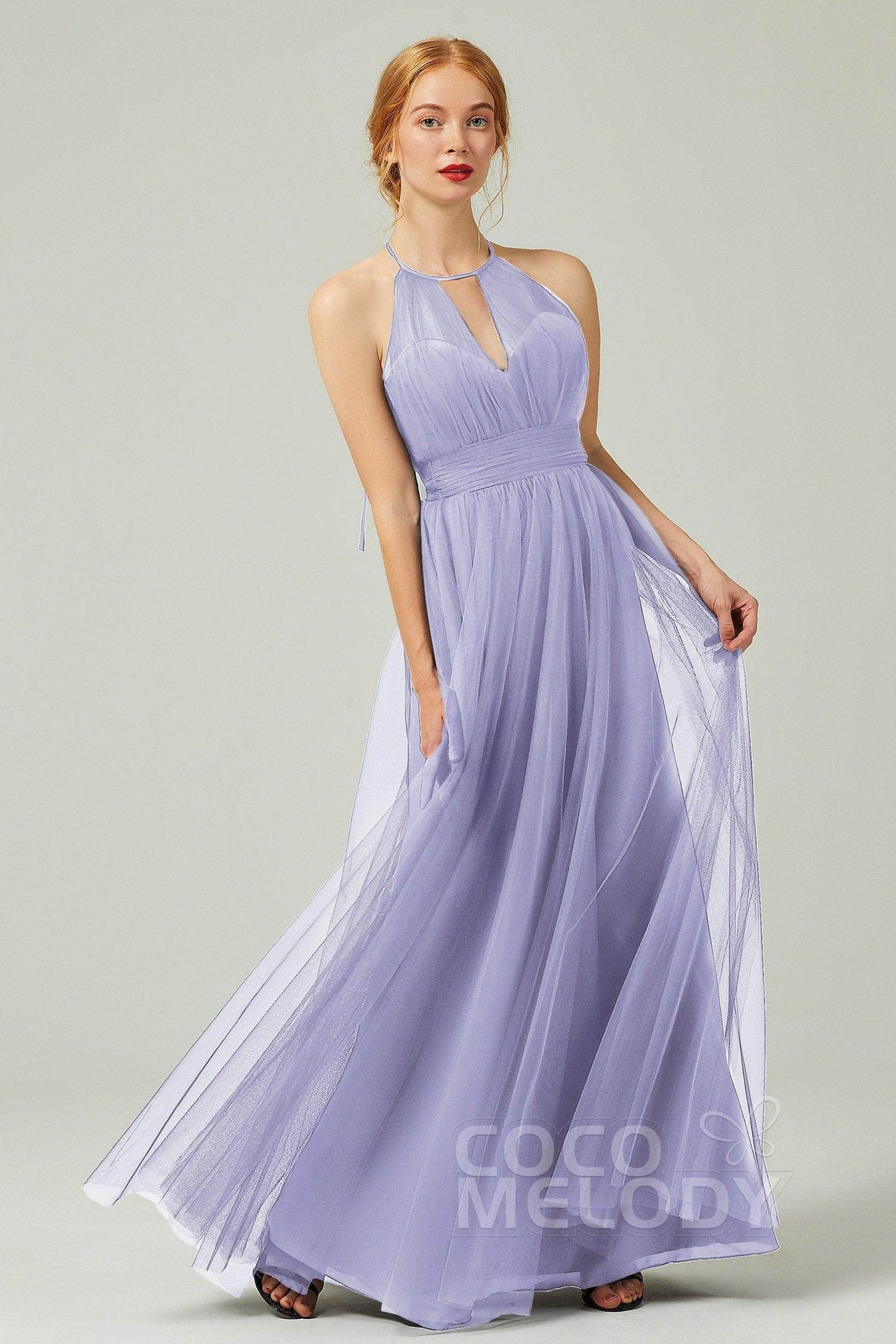 A-Line Floor Length Tulle Bridesmaid Dress CB0334PS - COCOMELODY