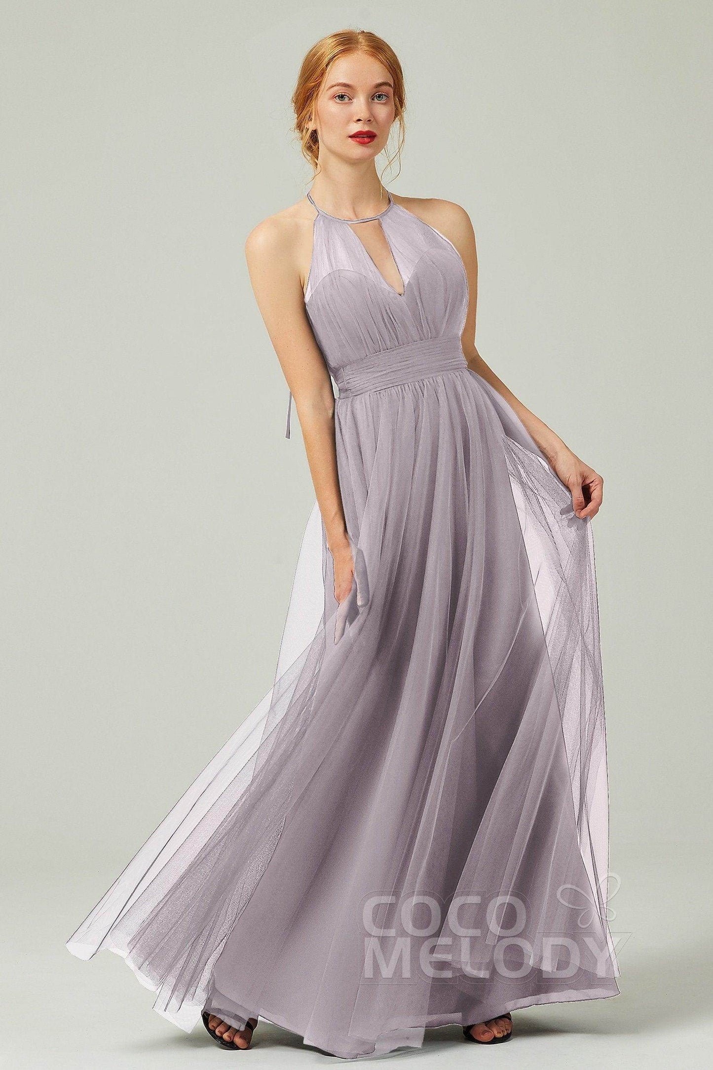 A-Line Floor Length Tulle Bridesmaid Dress CB0334PS - COCOMELODY