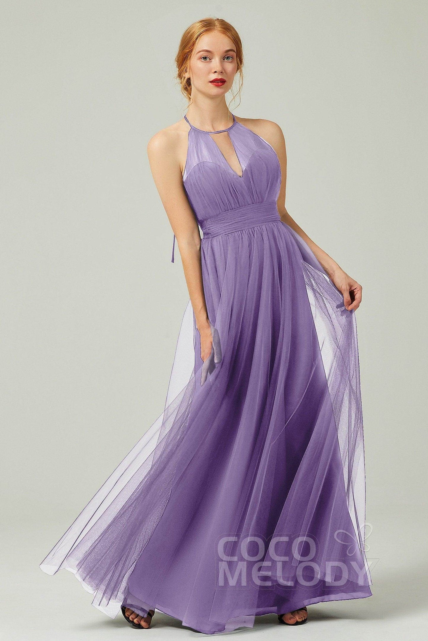 A-Line Floor Length Tulle Bridesmaid Dress CB0334PS - COCOMELODY