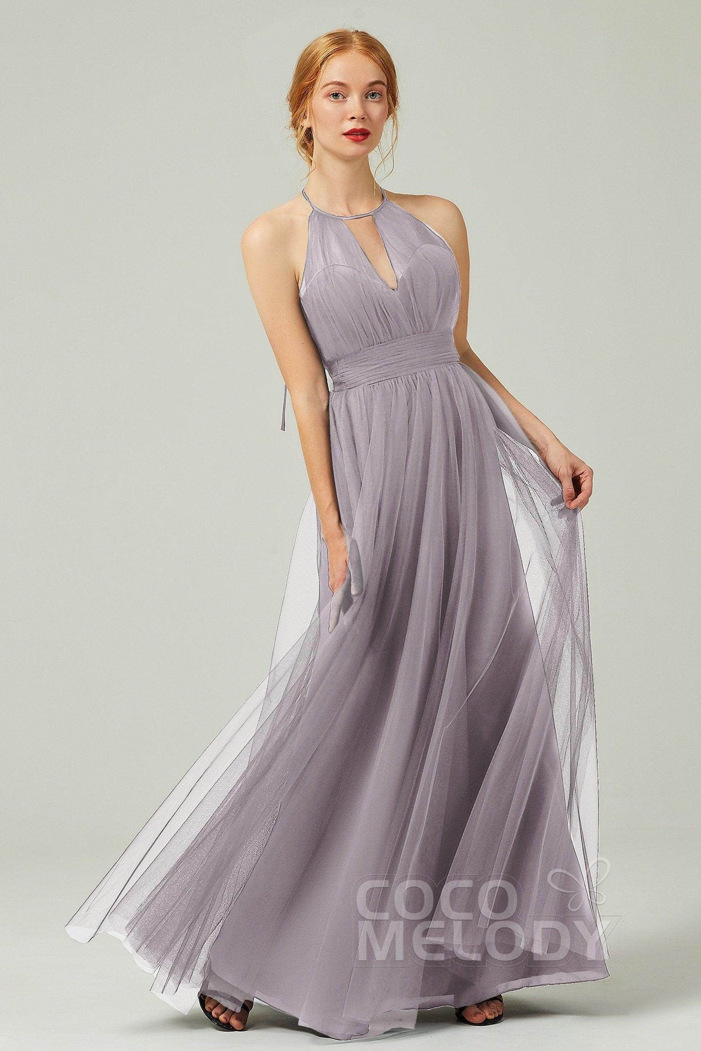 A-Line Floor Length Tulle Bridesmaid Dress CB0334PS - COCOMELODY
