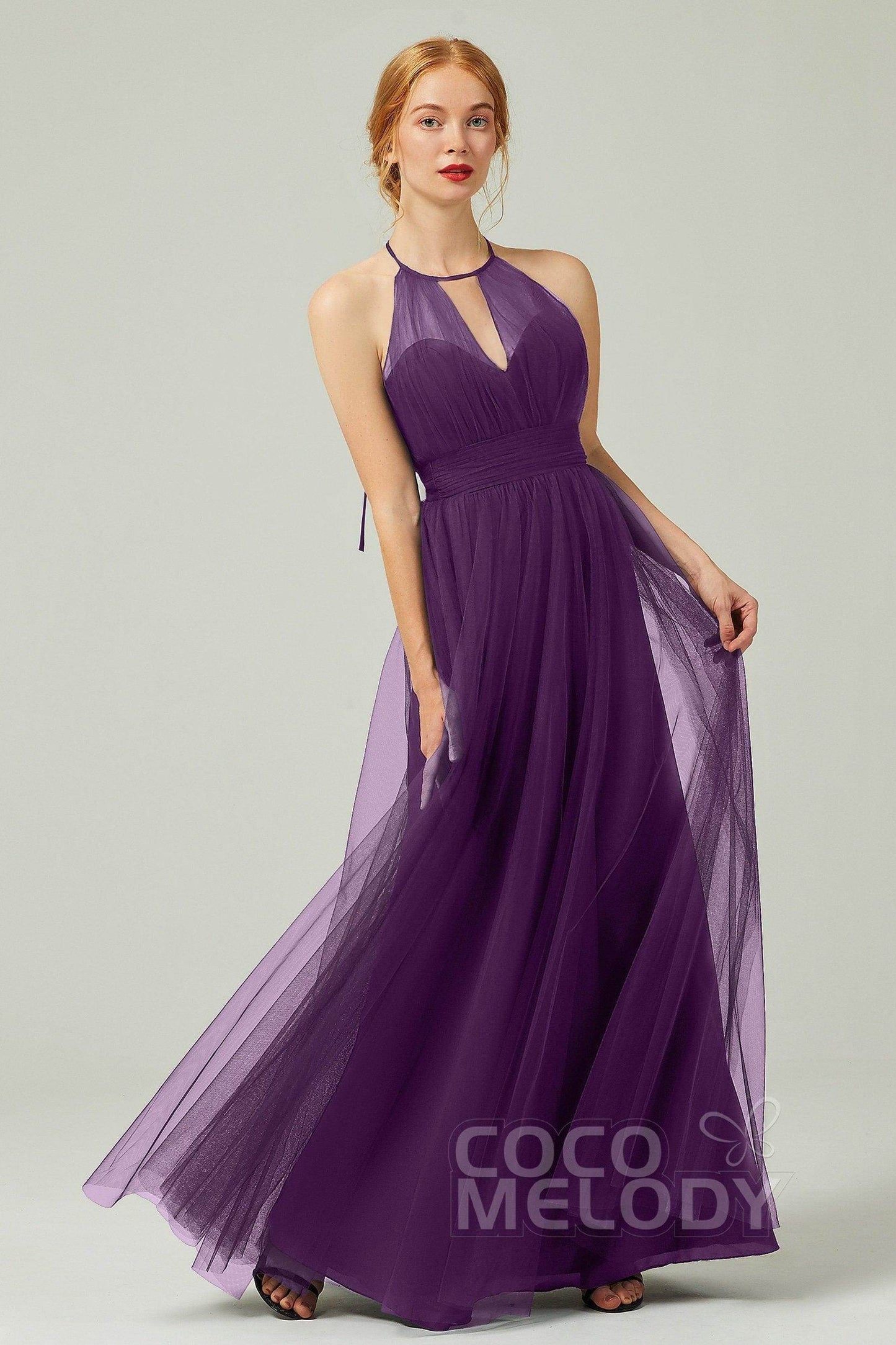 A-Line Floor Length Tulle Bridesmaid Dress CB0334PS - COCOMELODY