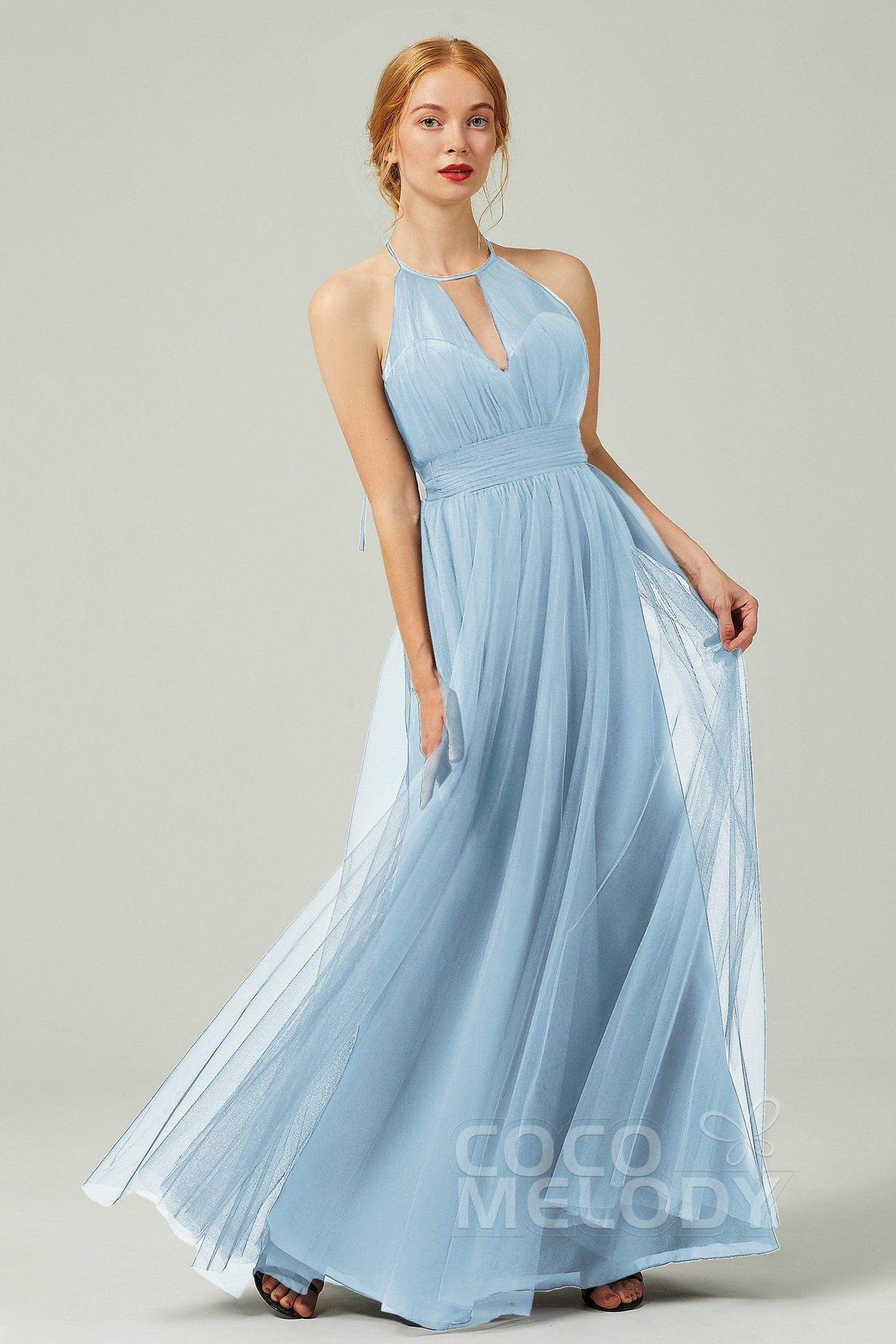 A-Line Floor Length Tulle Bridesmaid Dress CB0334PS - COCOMELODY