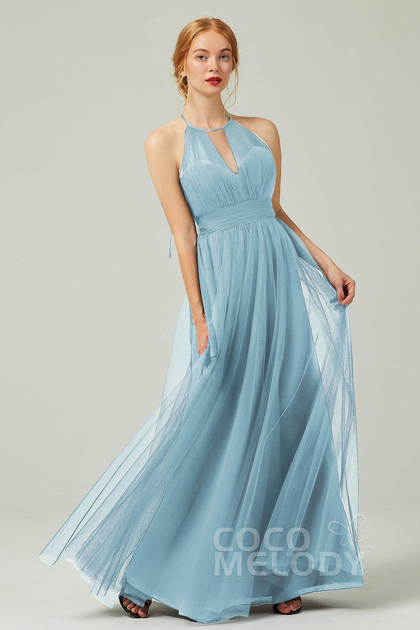 A-Line Floor Length Tulle Bridesmaid Dress CB0334PS - COCOMELODY