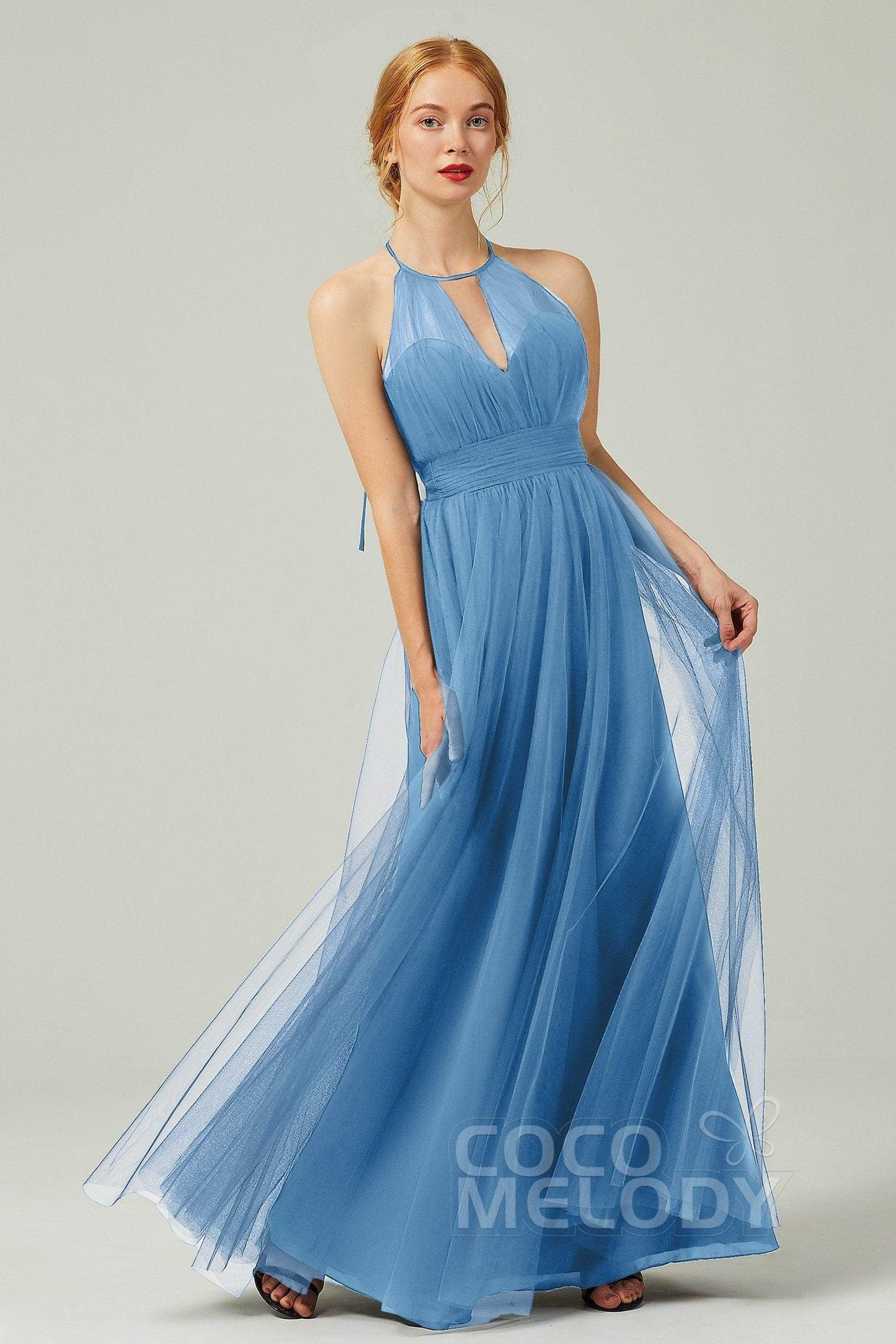 A-Line Floor Length Tulle Bridesmaid Dress CB0334PS - COCOMELODY