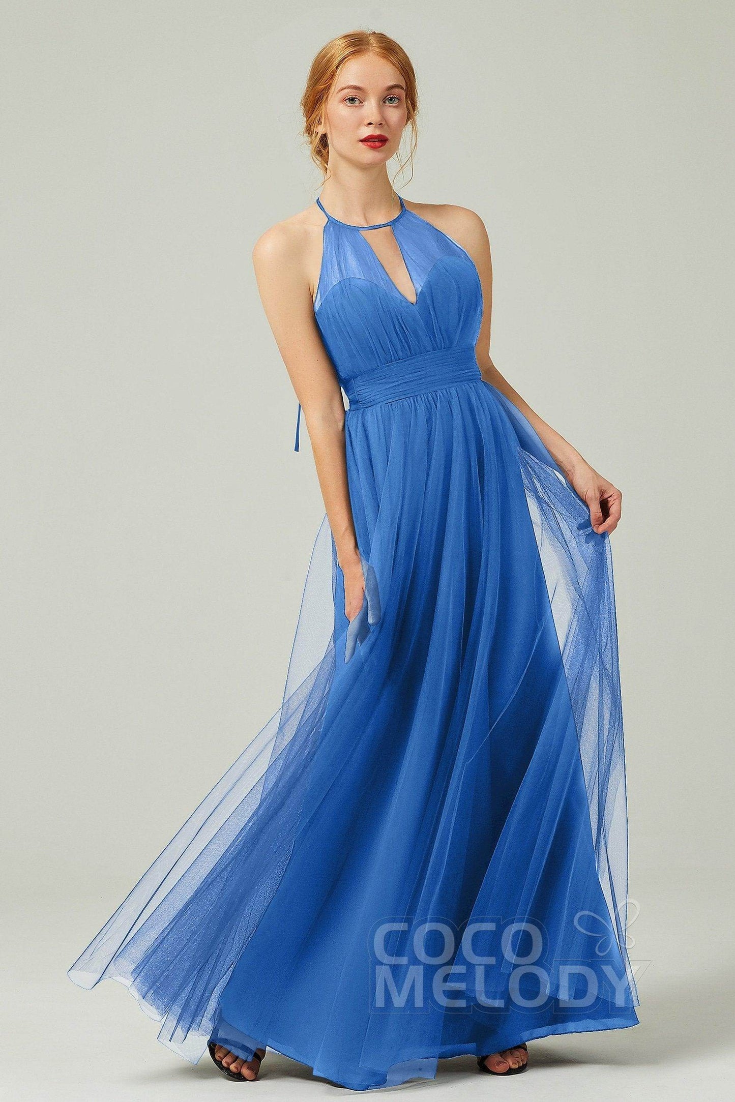 A-Line Floor Length Tulle Bridesmaid Dress CB0334PS - COCOMELODY