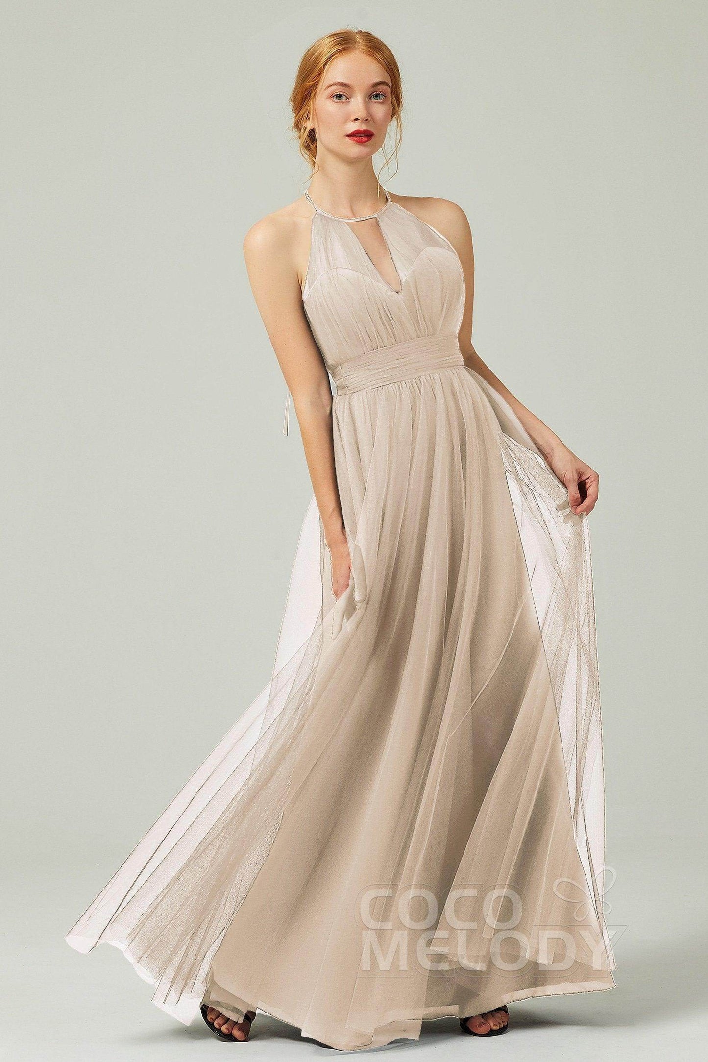 A-Line Floor Length Tulle Bridesmaid Dress CB0334PS - COCOMELODY